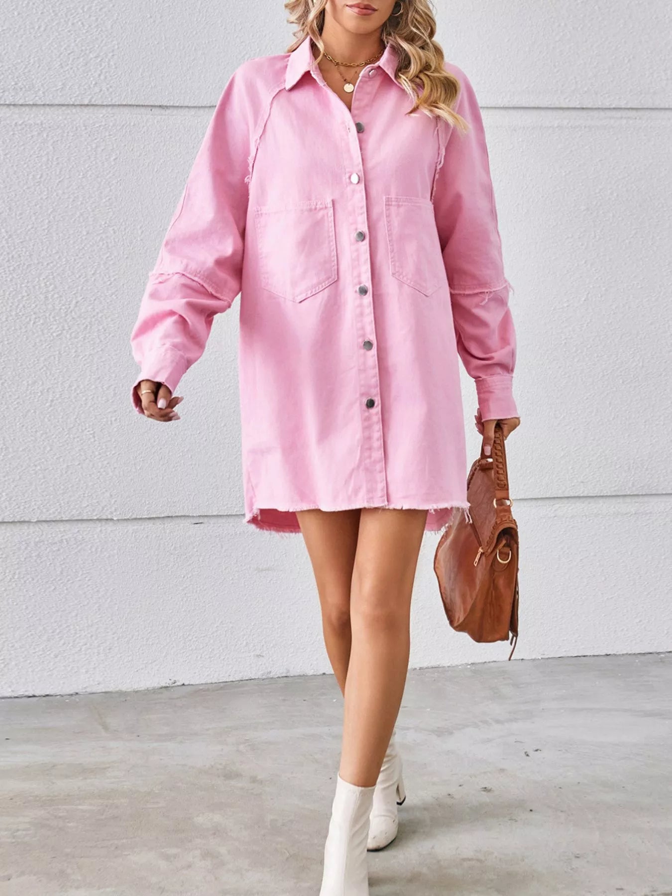 Button-Down Raw Hem Denim Dress
