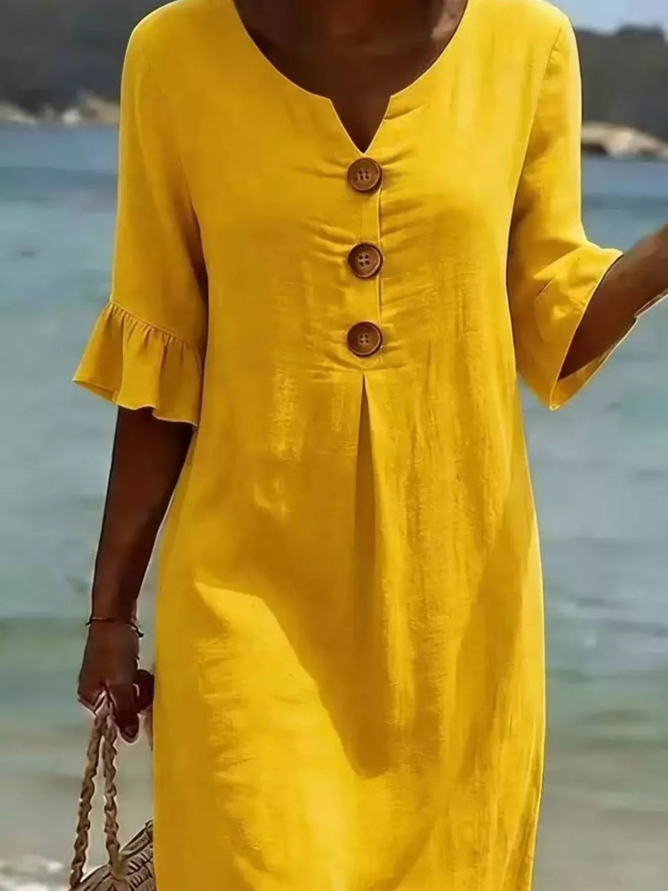 Full Size Button Decor Ruffle Sleeve Midi Dress Plus Size