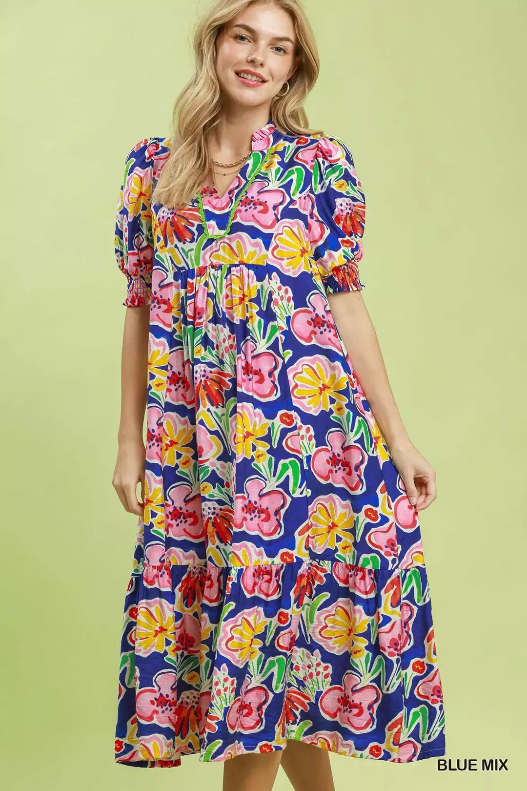 Umgee Floral Print Puff Sleeve Tiered Midi Dress