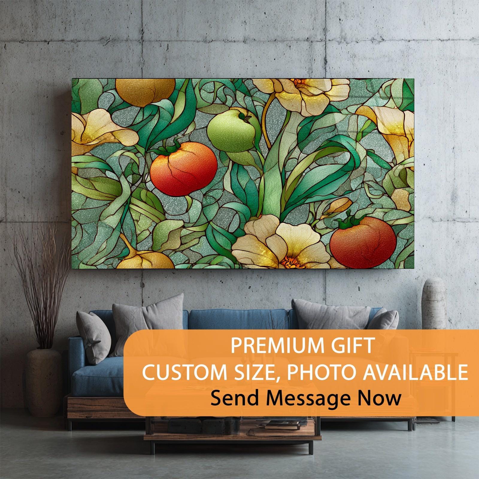 Stained Glass Look Fruits Tempered Glass Wall Art | Botanical Kitchen & Dining Room Glass Wall Décor