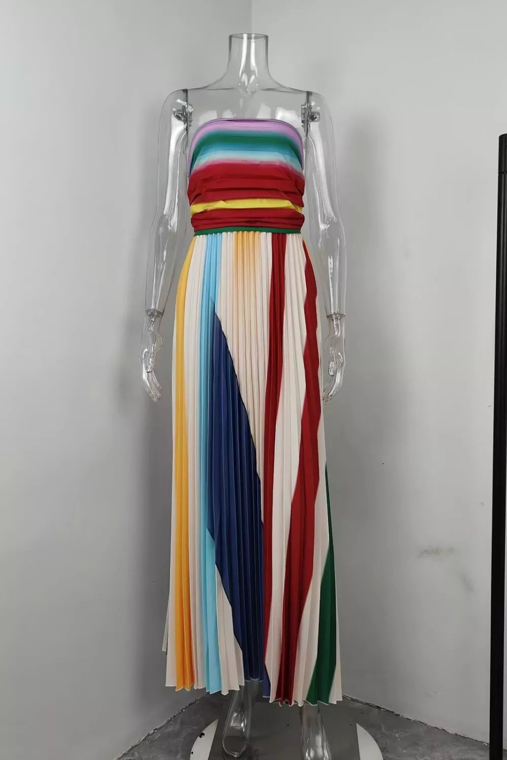 Striped Pleated Strapless Maxi Dress