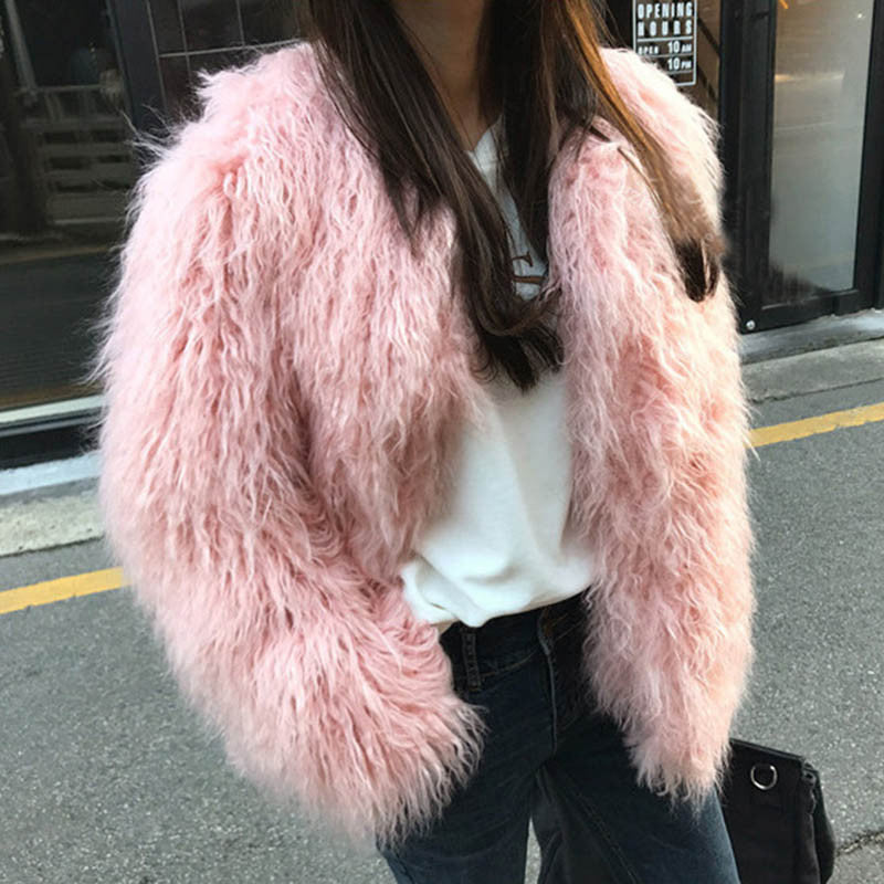 Women's Solid Color Short Faux Shearling Fur Coat