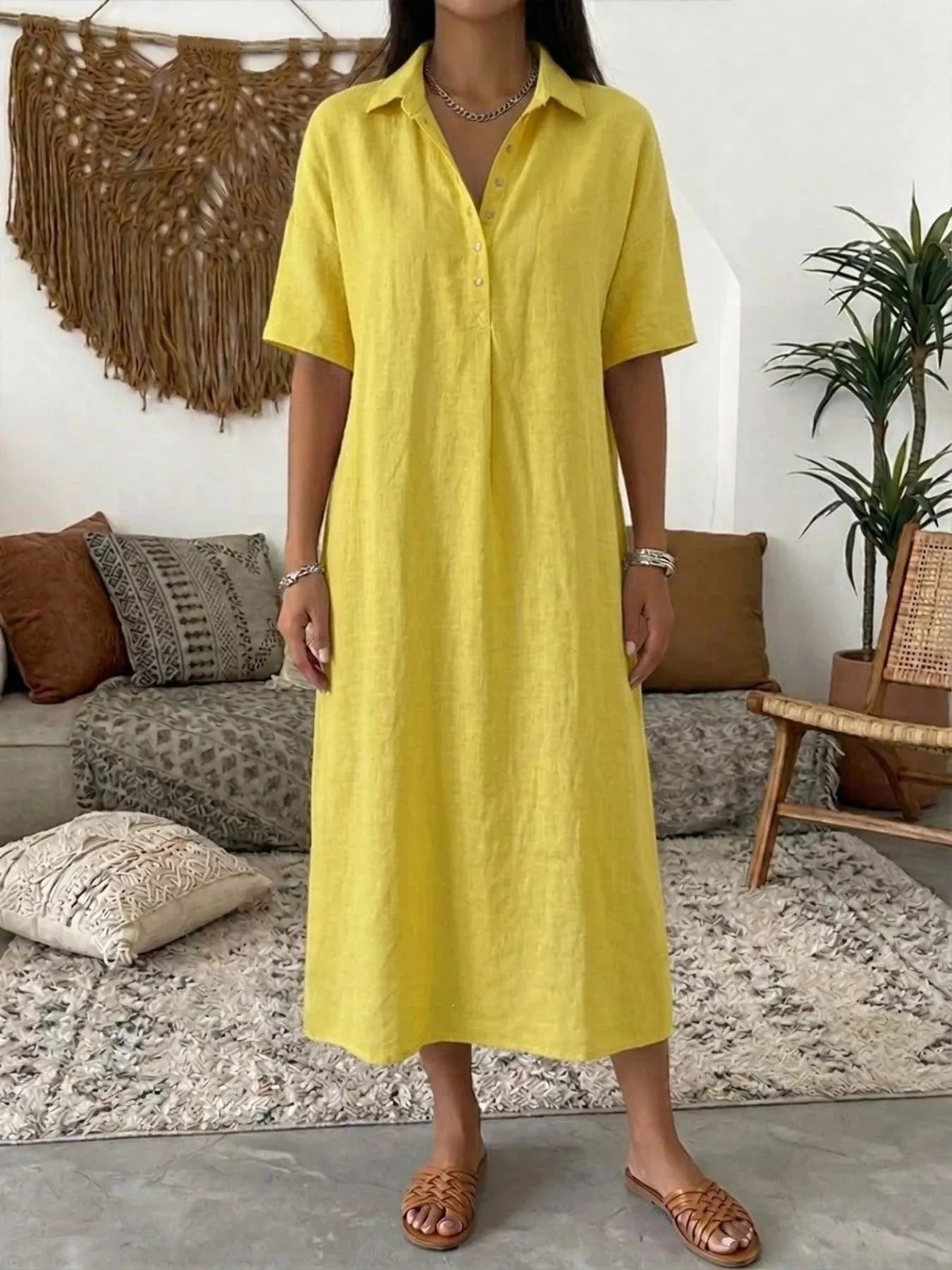 Full Size Button Detail Half Sleeve Dress Plus Size