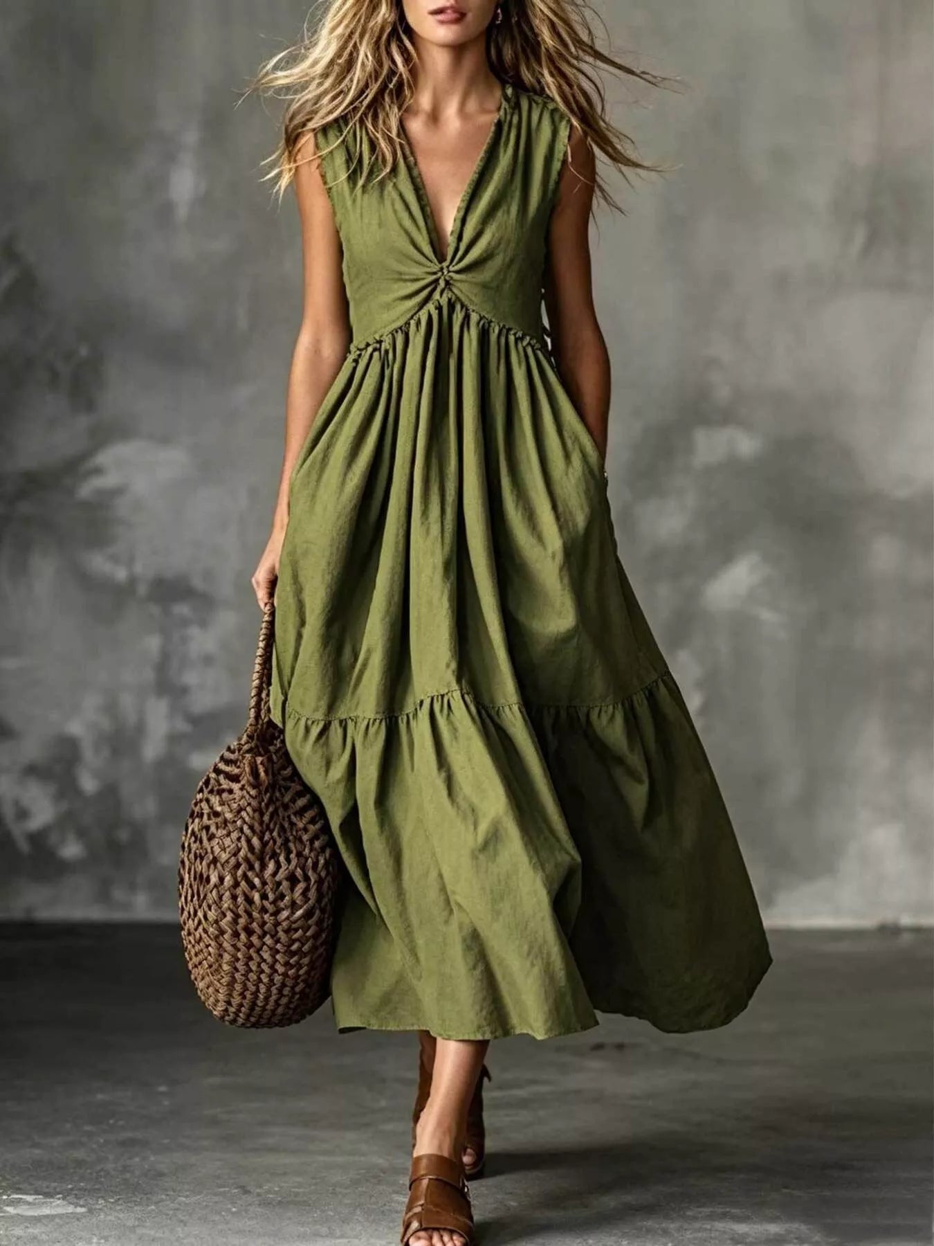 V-Neck Twisted Tiered Midi Dress