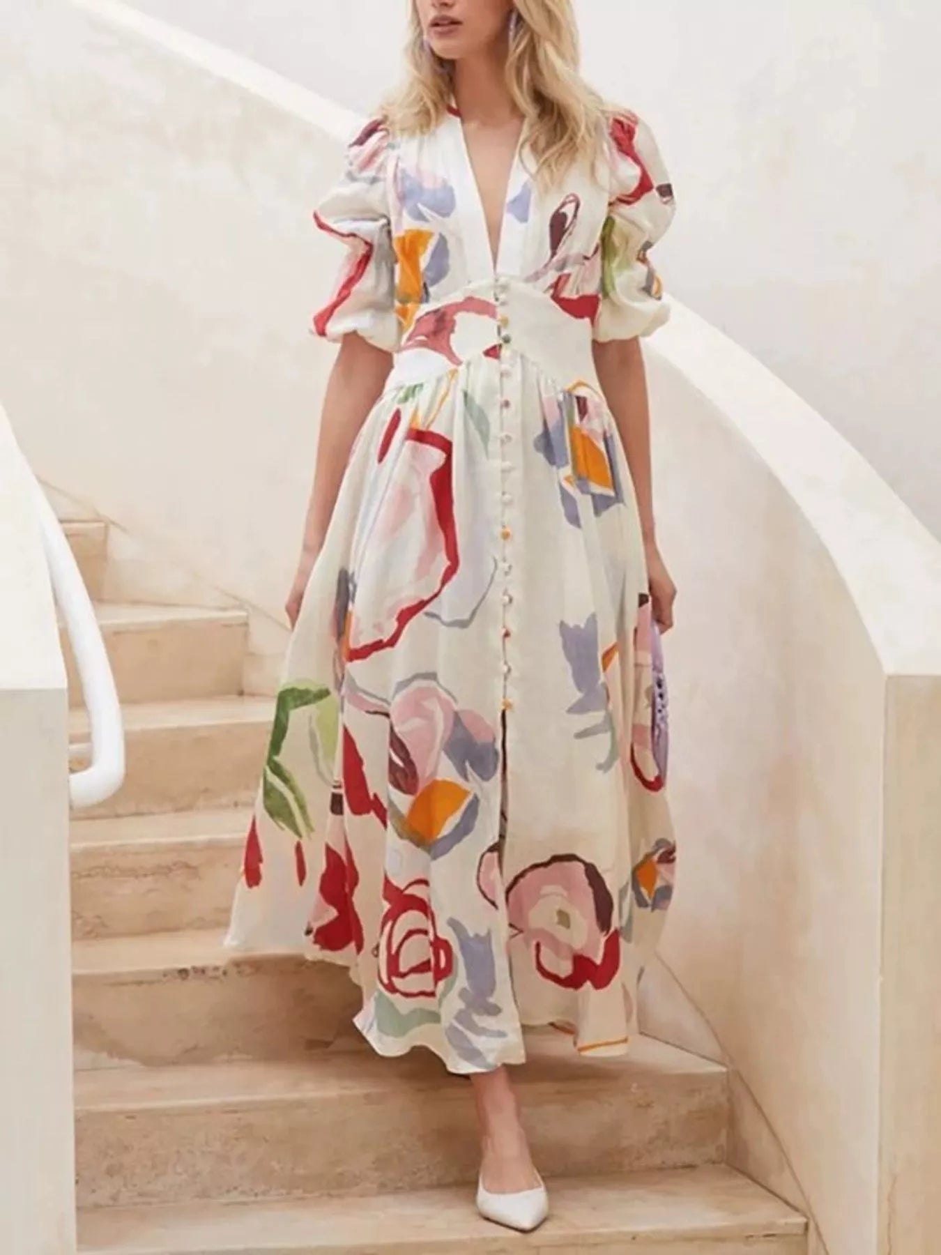 Full Size Abstract Print Puff Sleeve Midi Dress Plus Size