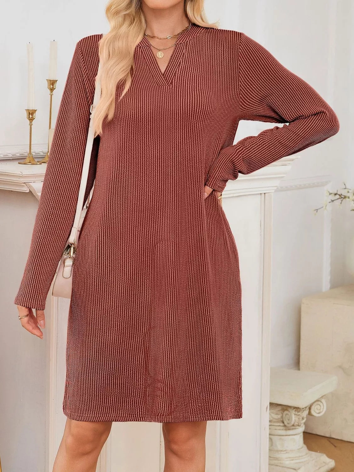 Casual Ribbed Knit Long Sleeve Dress
