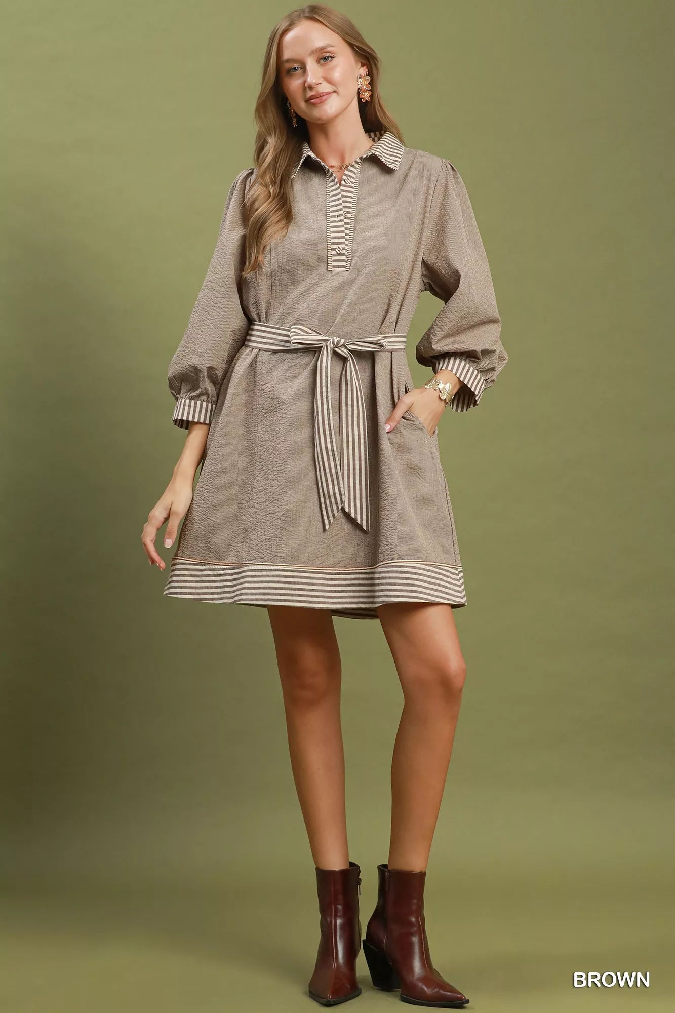 Umgee Striped Contrast Belted Puff Sleeve Mini Dress