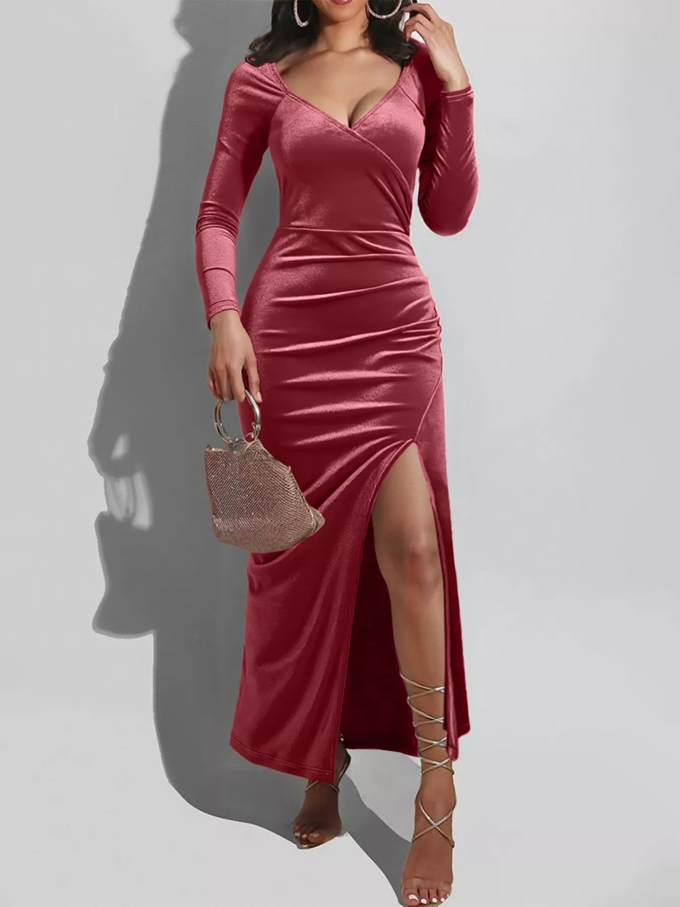 Long Sleeve Wrap Midi Dress with Slit