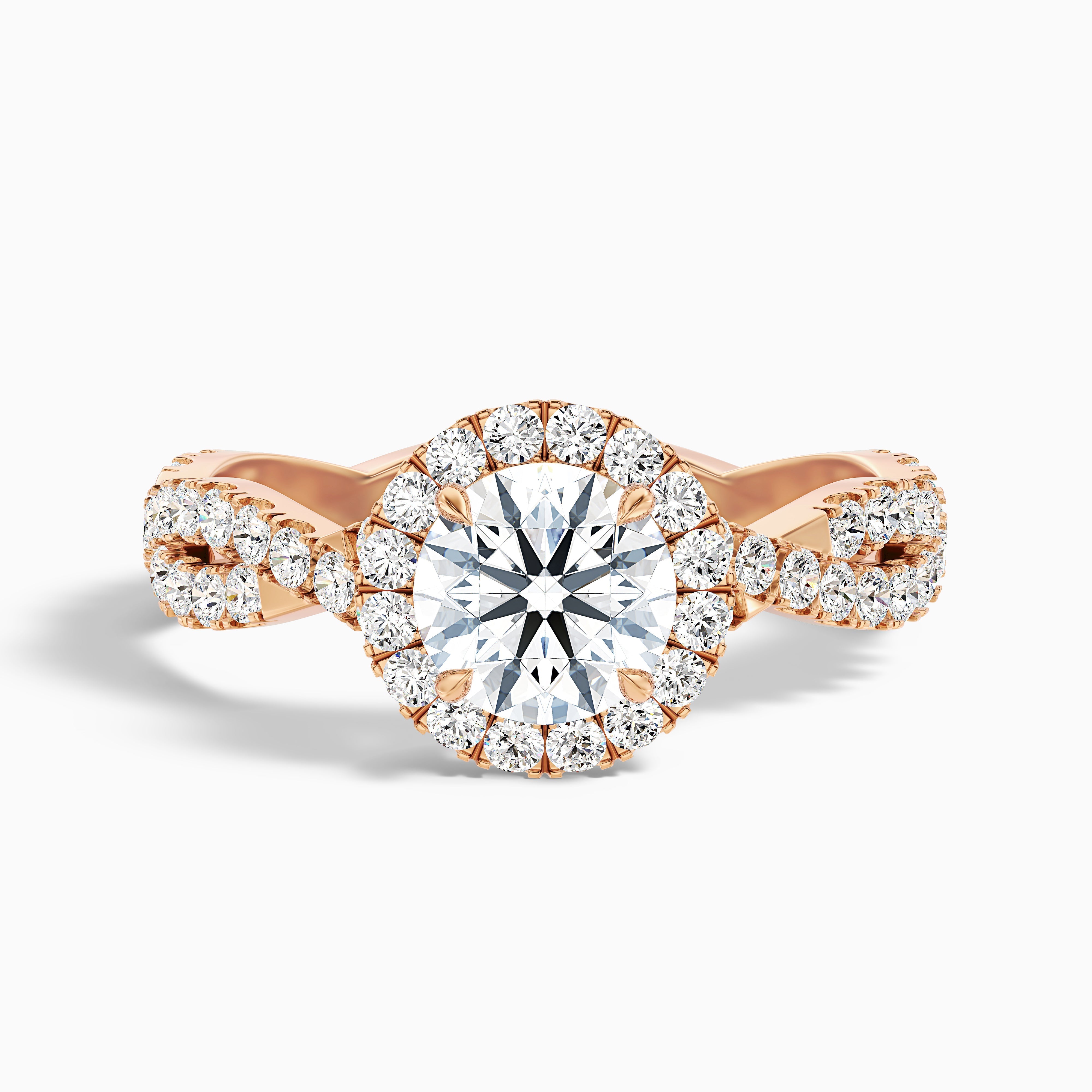Beth 7 Carat Round Cut Halo Twisted Pave Moissanite Engagement Ring in 14k Rose Gold