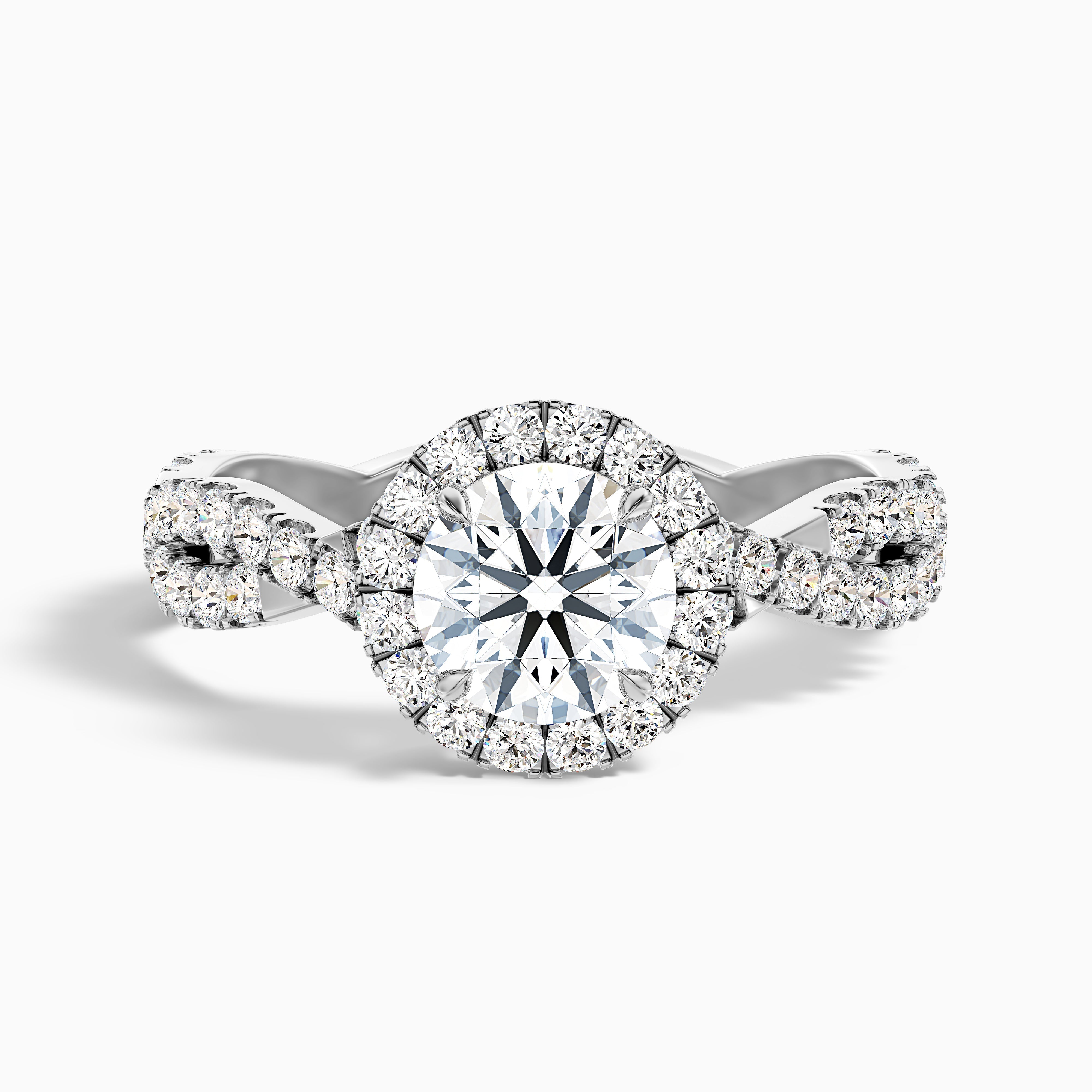 Beth 6 Carat Round Cut Halo Twisted Pave Moissanite Engagement Ring in Platinum