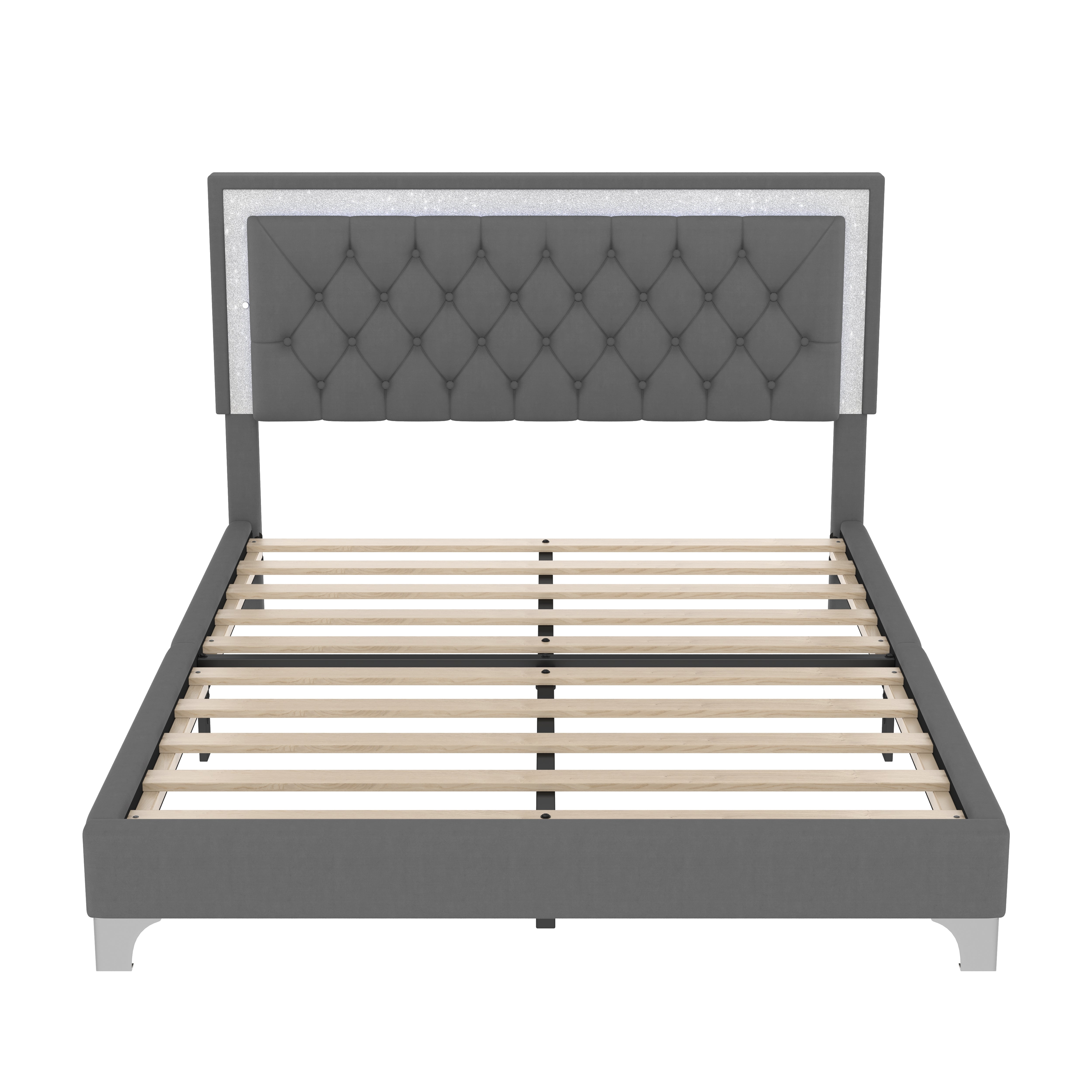 3-Pieces Bedroom Set - Queen Size Upholstered Platform Bed with LED Lights