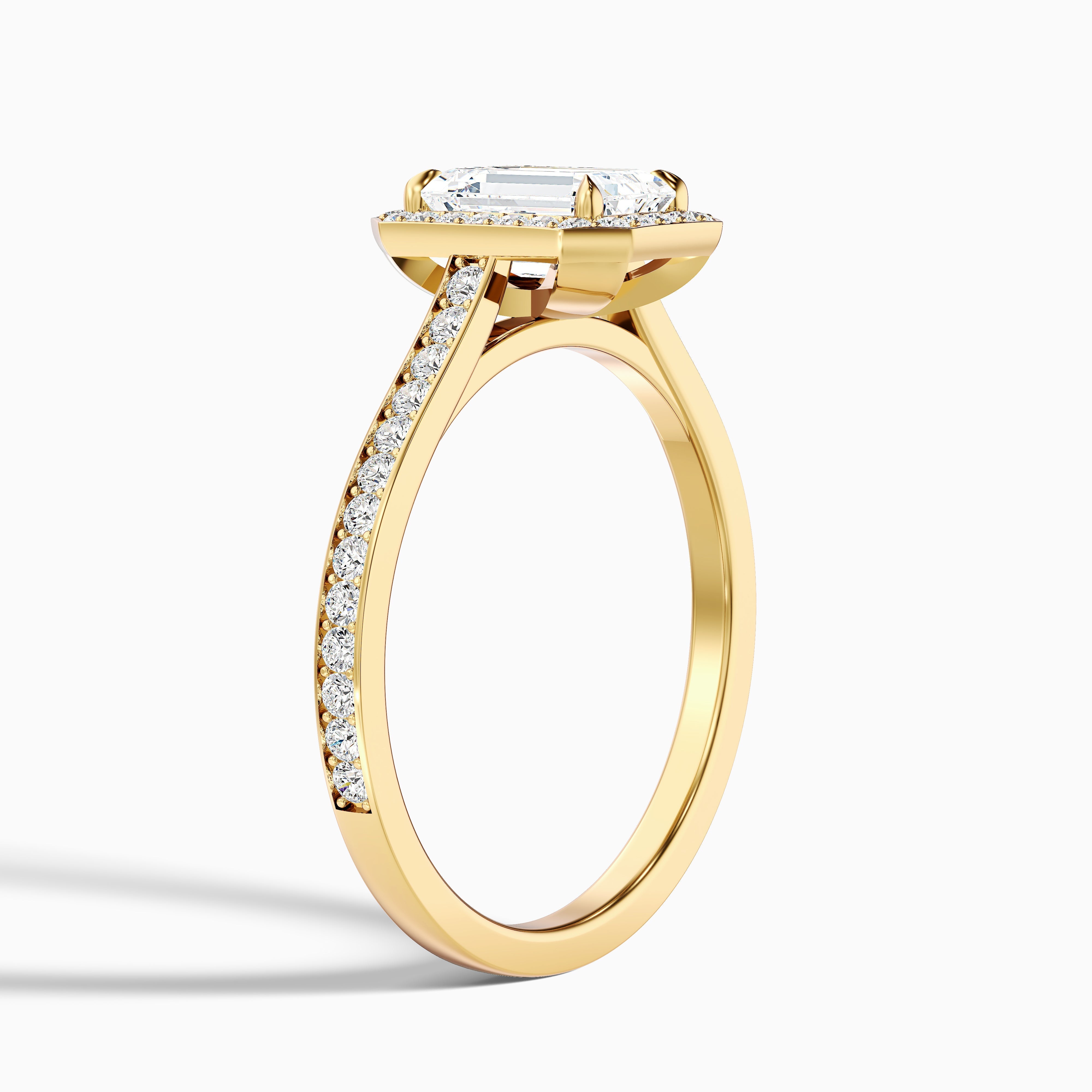 Zoya 3.5 Carat Emerald Cut Halo Pave Moissanite Engagement Ring in 18k Yellow Gold
