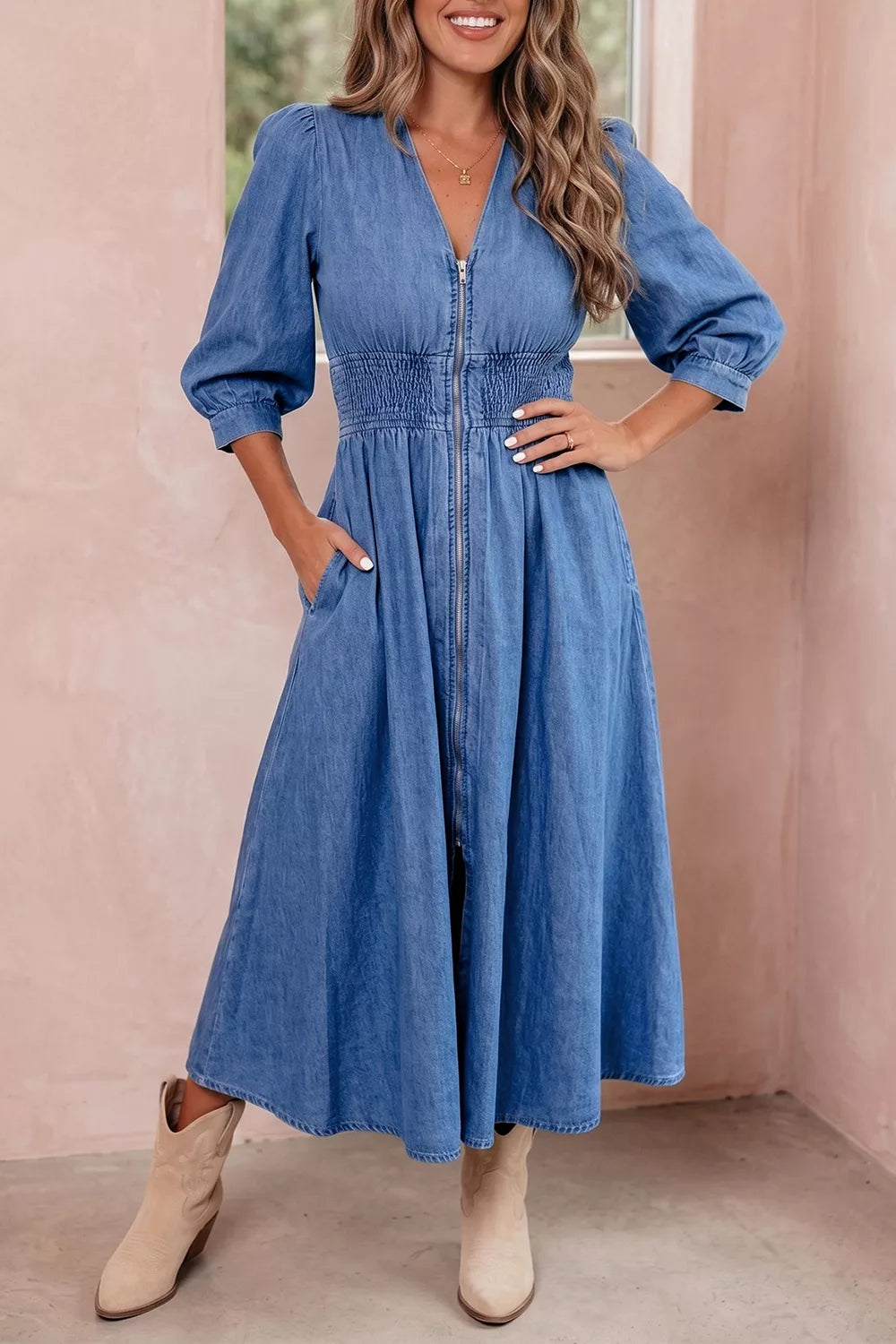 V Neck Shirred Waist Metal Zipper Denim Midi Dress