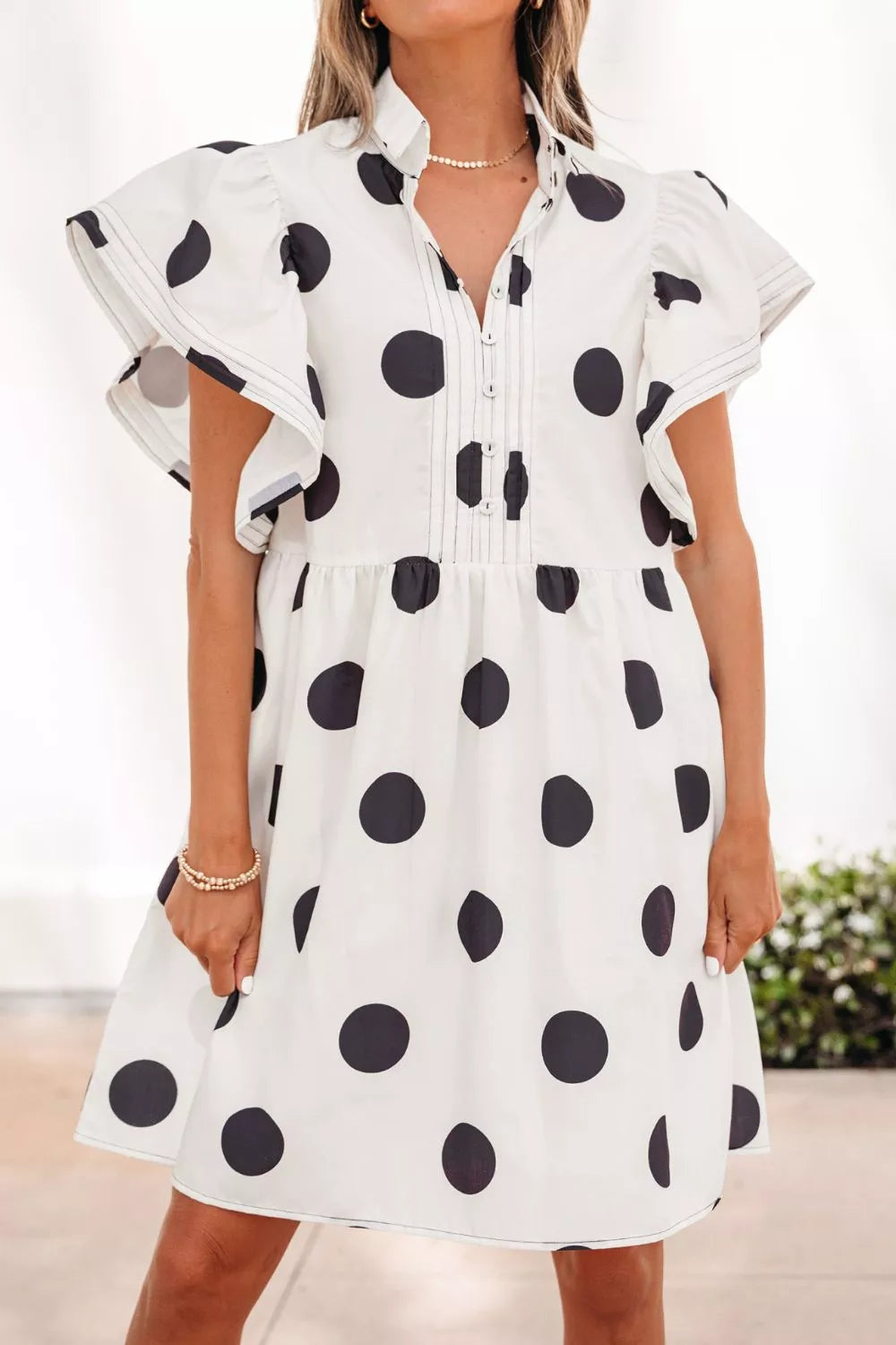 Polka Dot Print Half Button Ruffled Short Sleeve Loose Mini Dress
