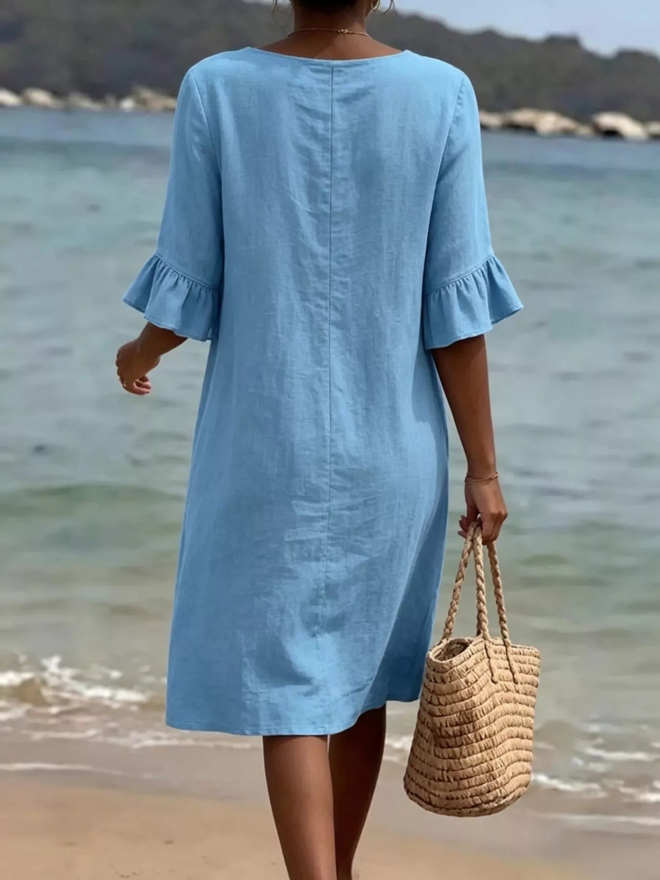 Full Size Button Decor Flounce Sleeve Dress Plus Size