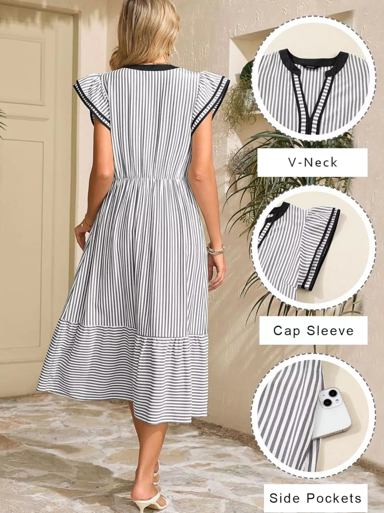 Striped Ruffle Sleeve Midi Dress