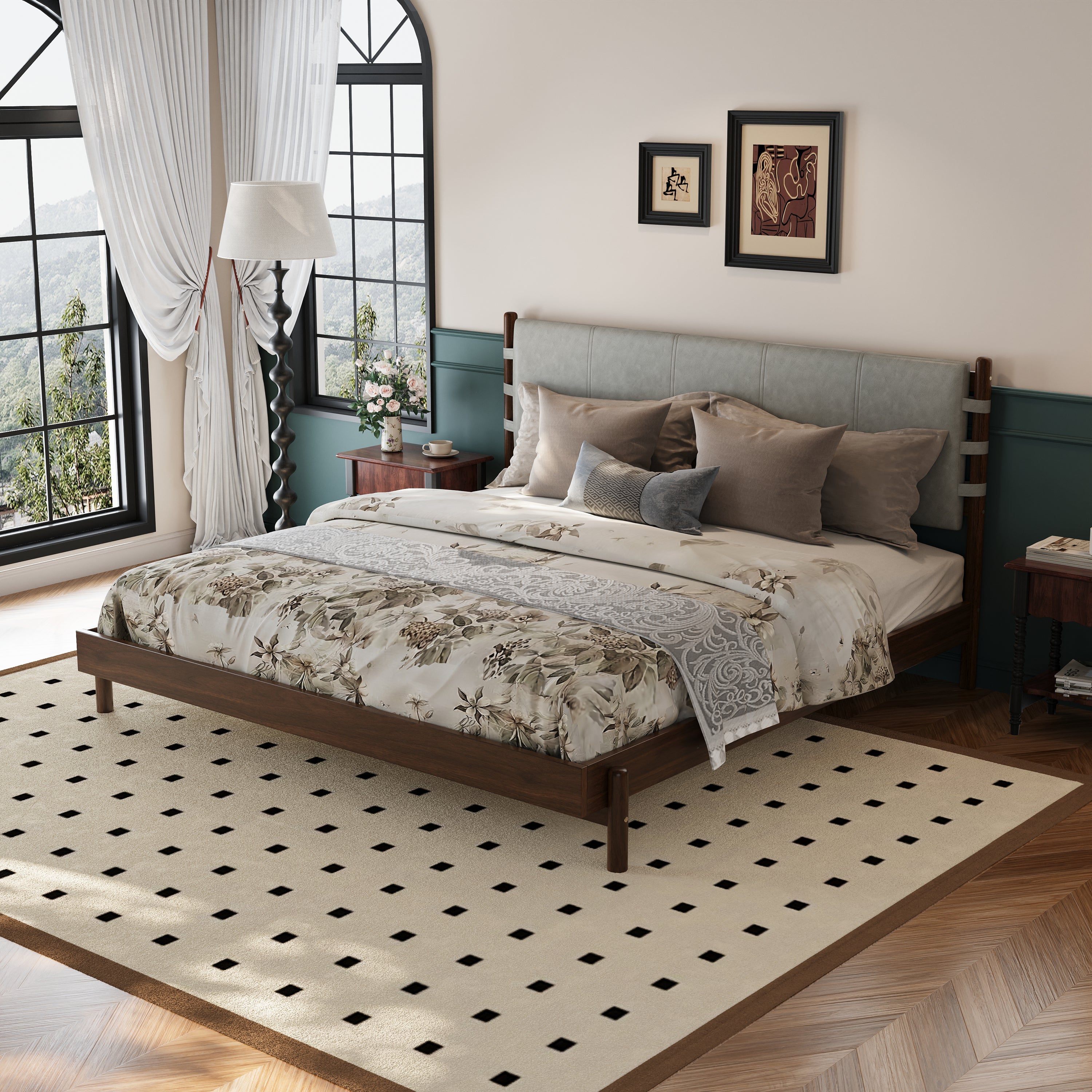 Premium Rubber Wood Platform Bed Frame, King Bed Frame with Headboard Included