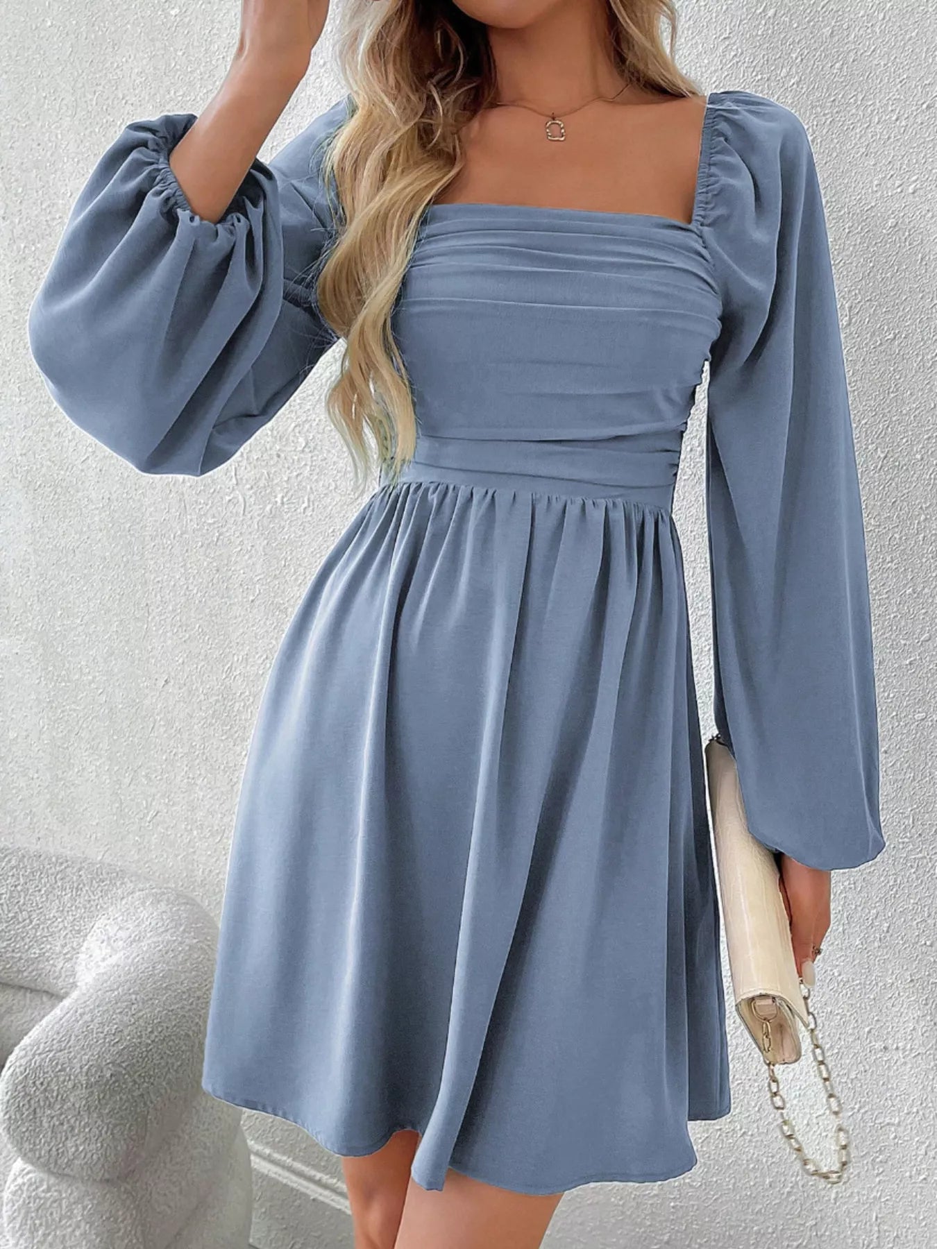 Ruched Square Neck Long Sleeve A-Line Dress