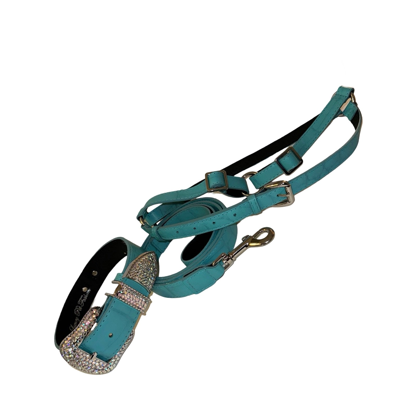 The Tiffany Collection. Gorgeous Turquoise Blue Embossed Croc Italian Leather Collar, Leash & Harness Set, With Our Custom Swarovski Crystal Hardware