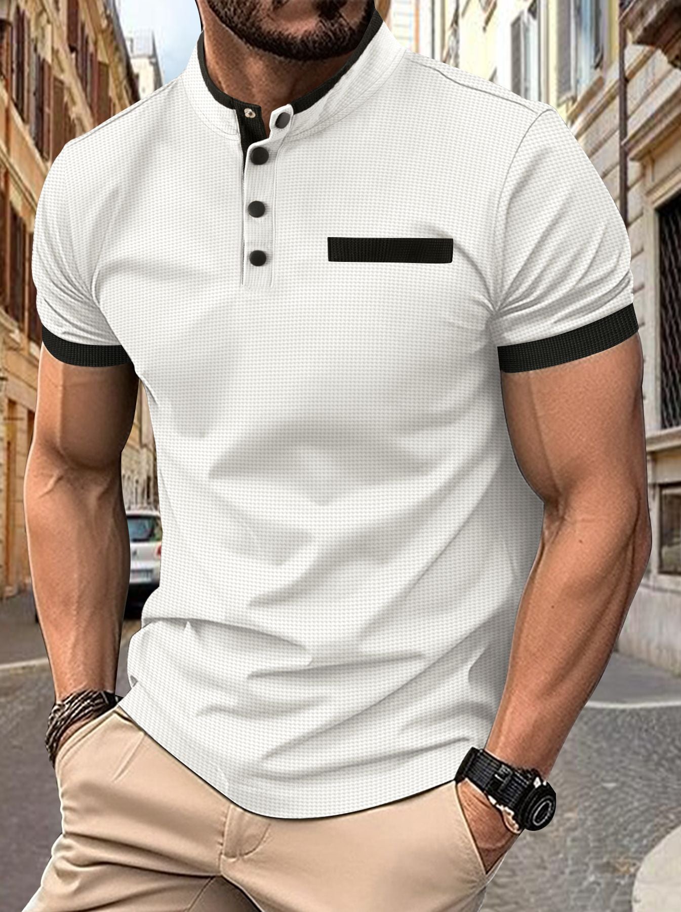 POLO Men's Checkered Stand Collar Polo Shirt