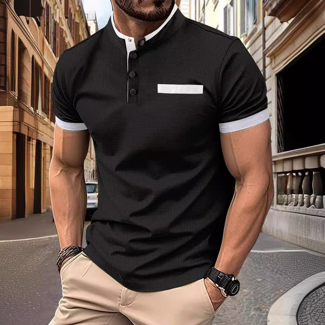 POLO Men's Checkered Stand Collar Polo Shirt