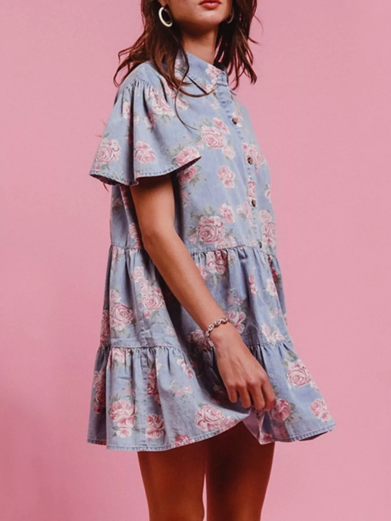 Floral Print Denim Button-Down Tiered Mini Dress