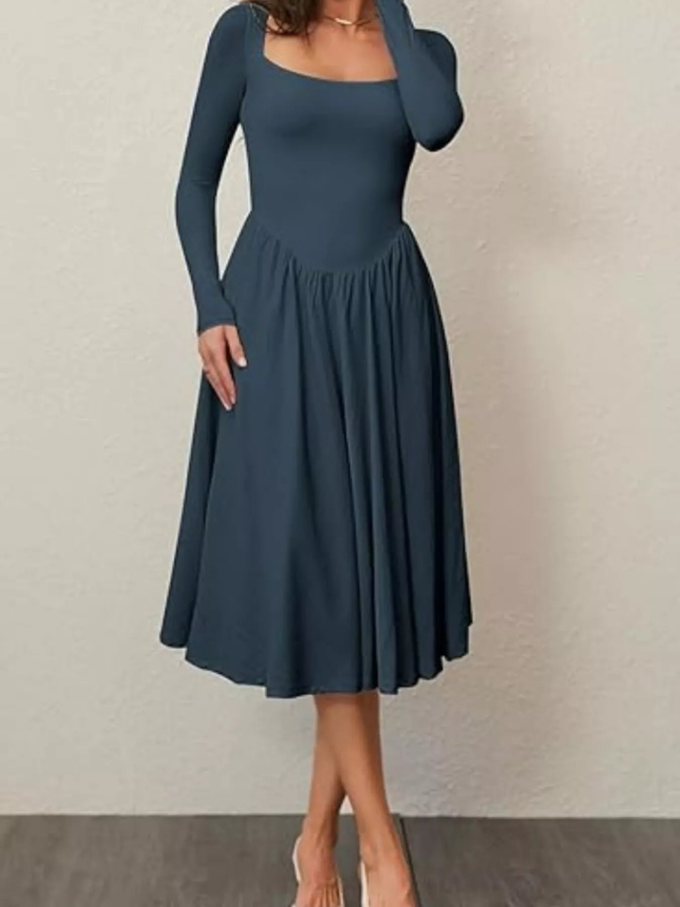 Square Neck Long Sleeve Midi Dress