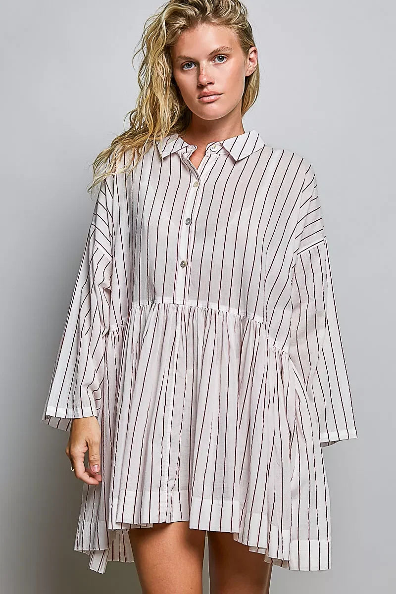 POL Striped Gathered Waist Woven Shirt Dress