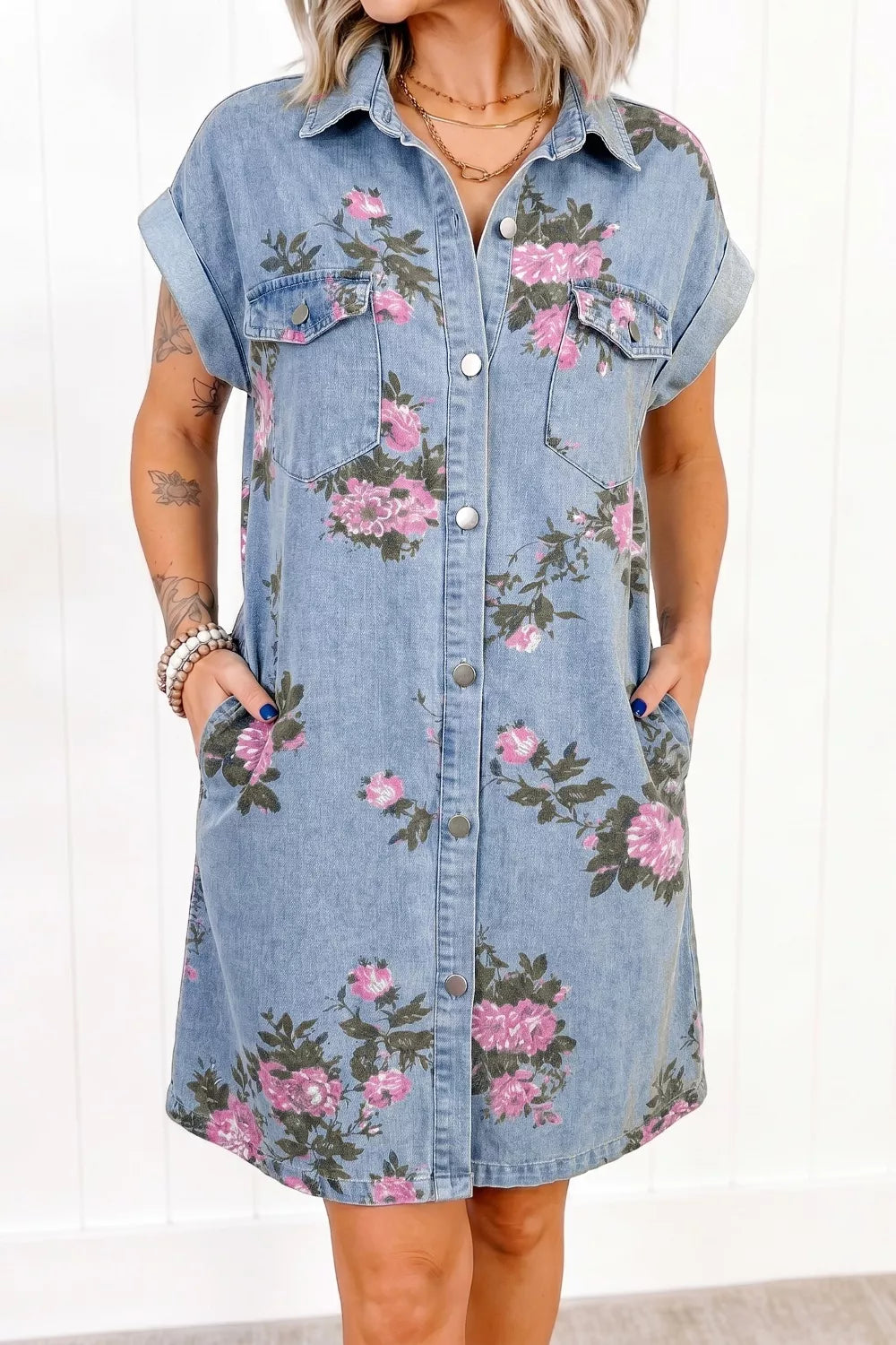 Floral Print Denim Shirt Dress