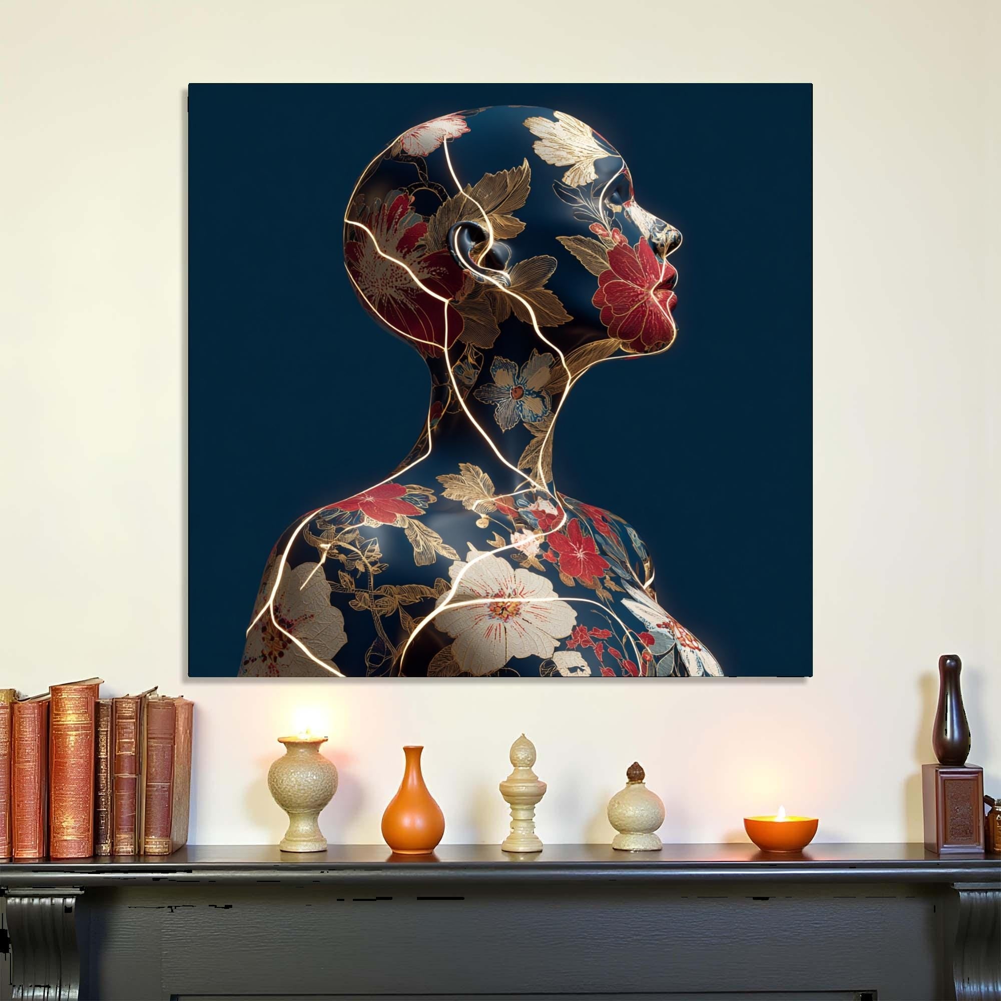 Floral Woman Tempered Glass Wall Art | Golden Crack Accent