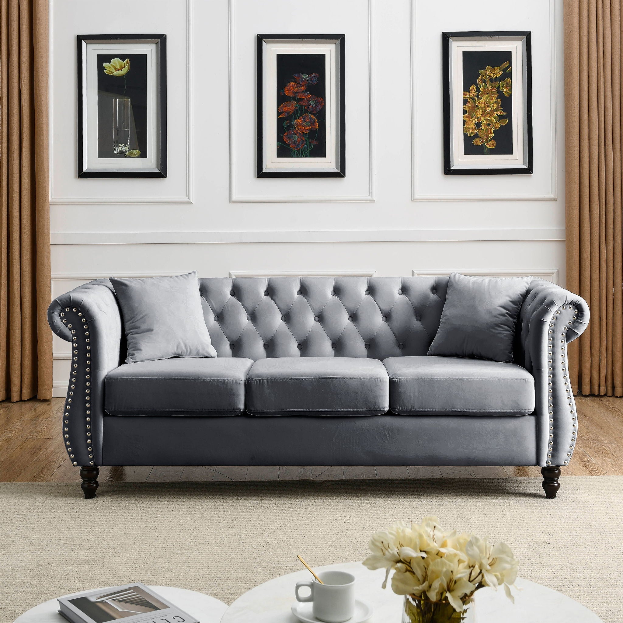 Chesterfield Sofa With Rolled Arms And Nailhead Trim