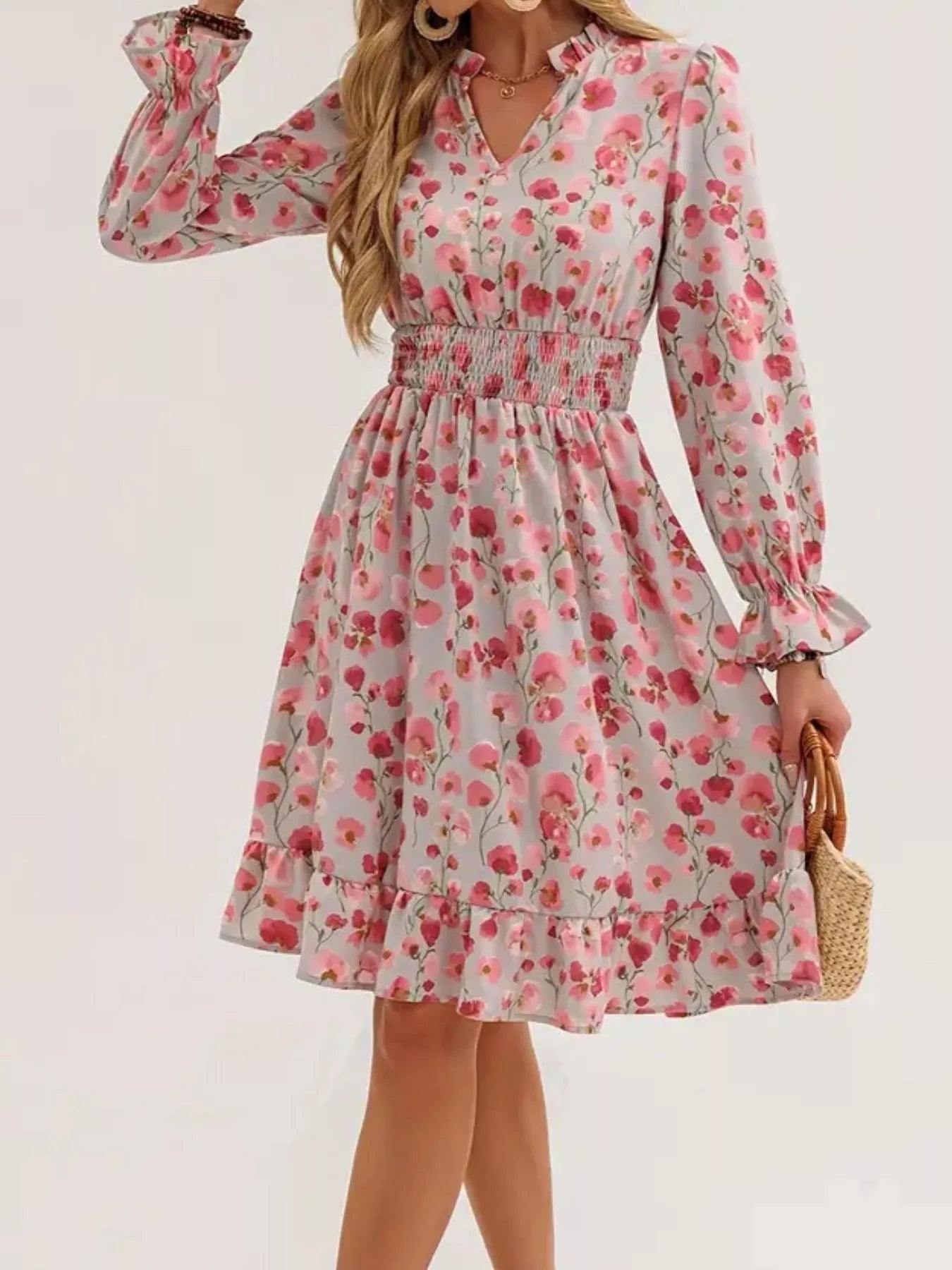 Floral Notched Flounce Sleeve Dress