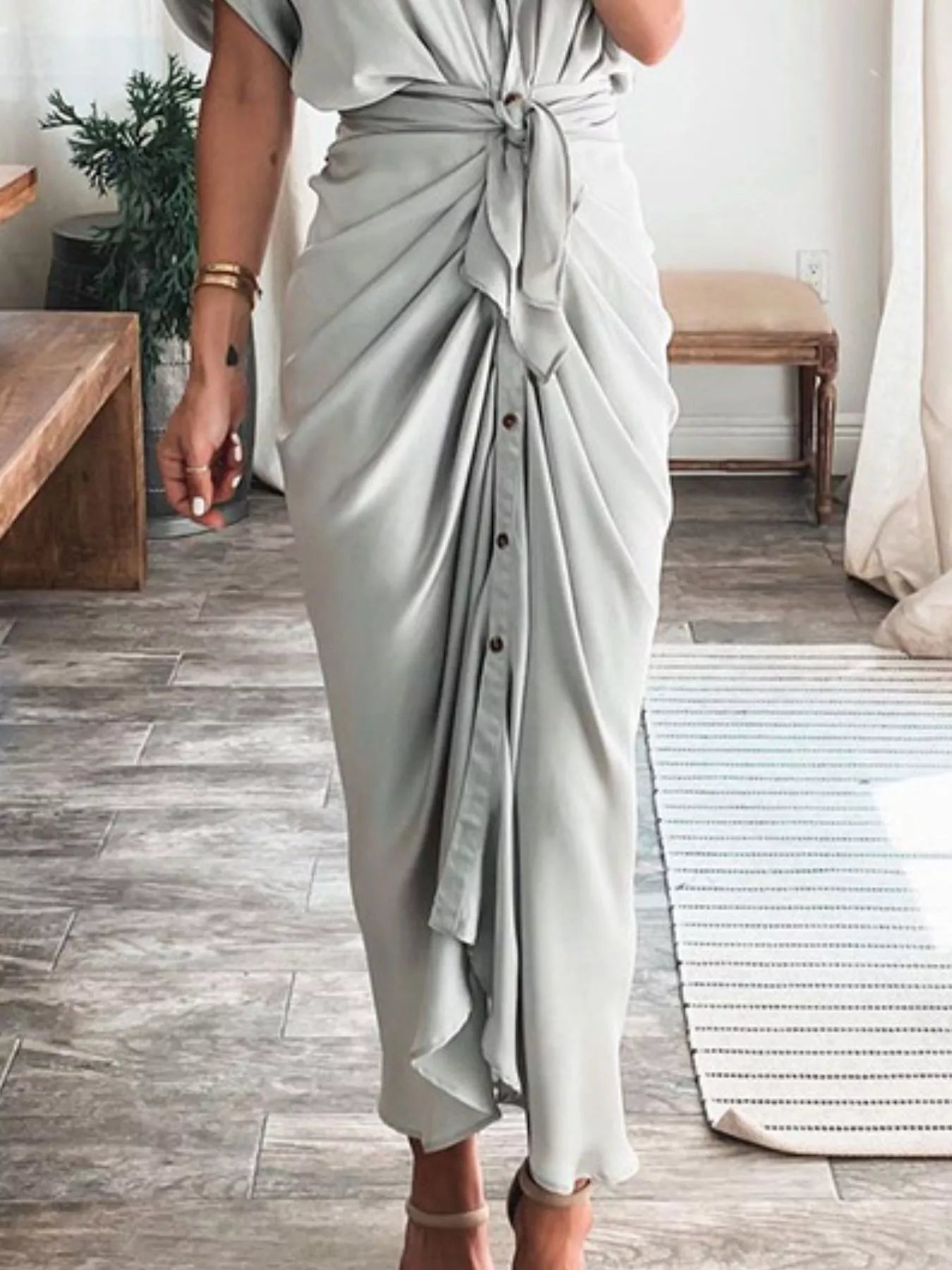 Tie-Waist Button-Down Midi Dress