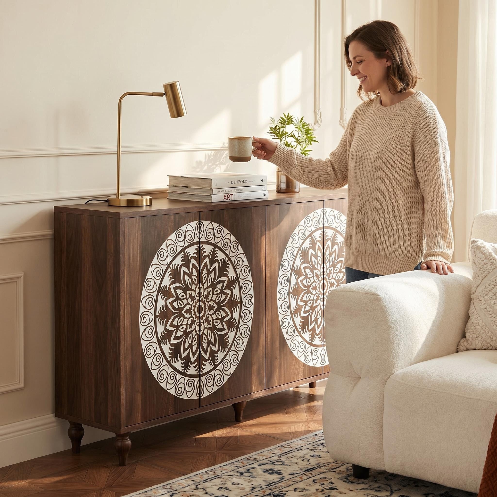 60" Vintage Mandala Carved Sideboard