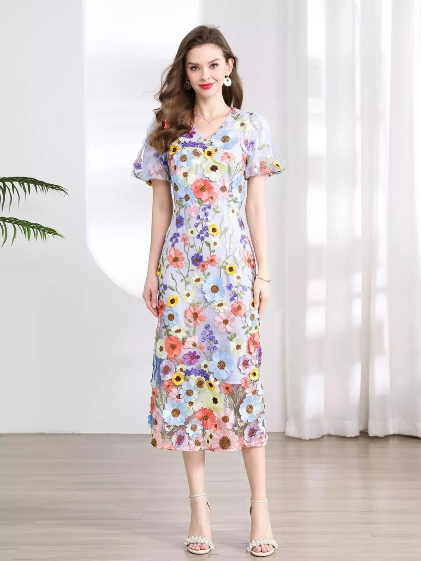Floral Embroidered Puff Sleeve Midi Dress