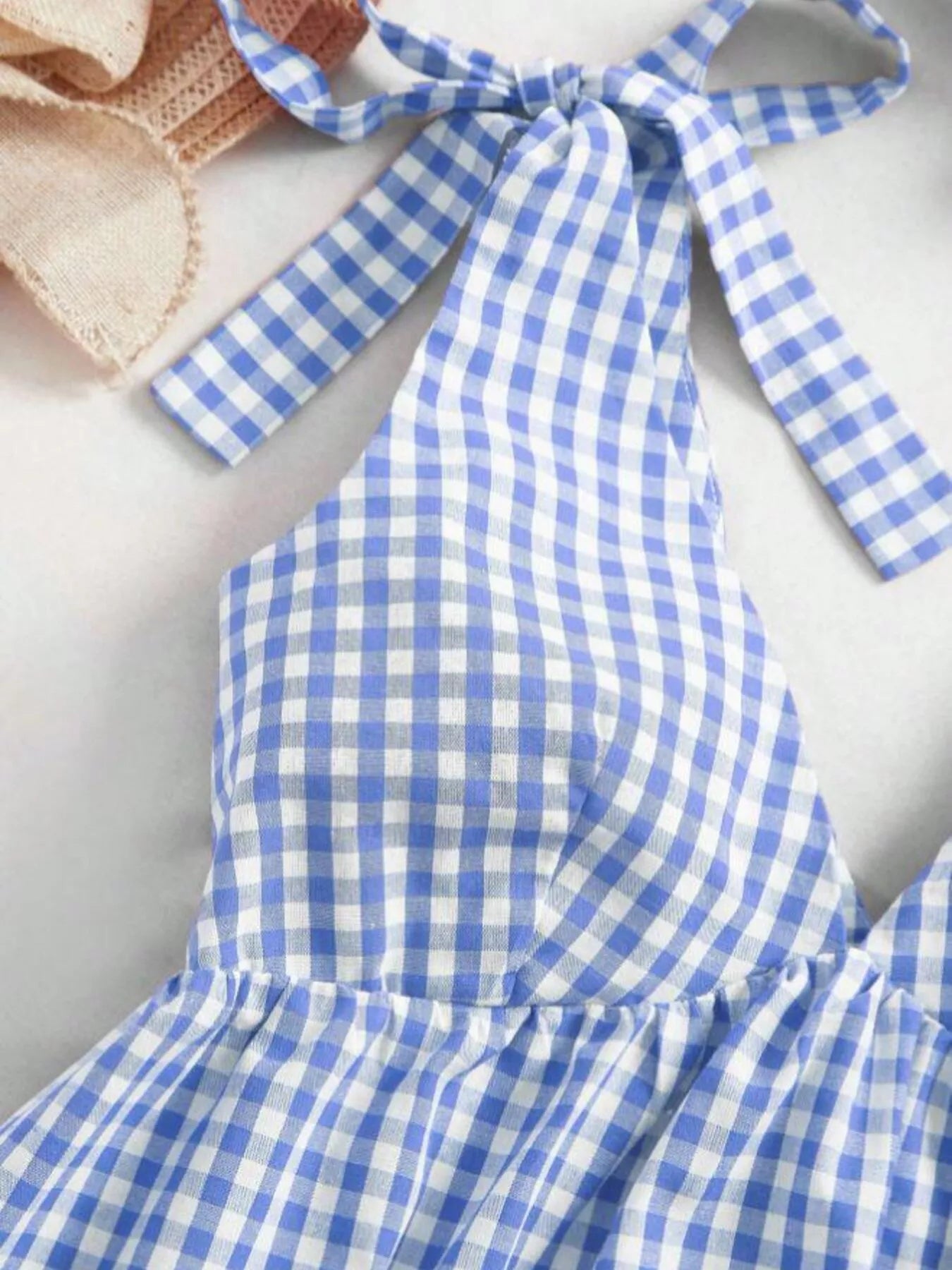 Gingham Tie-Shoulder Ruffle Hem Mini Dress