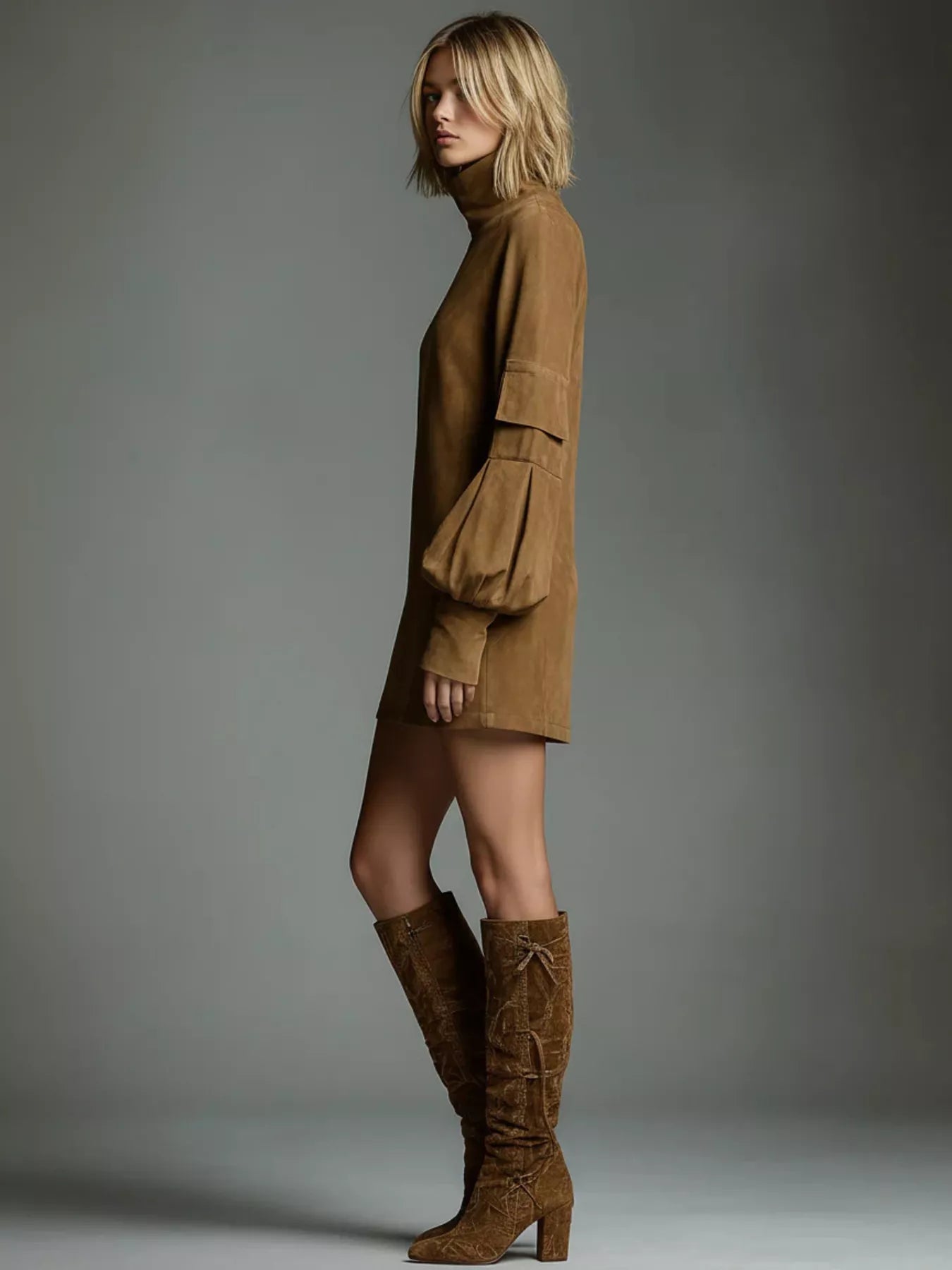 Full Size Suede Turtleneck Lantern Sleeve Mini Dress Plus Size