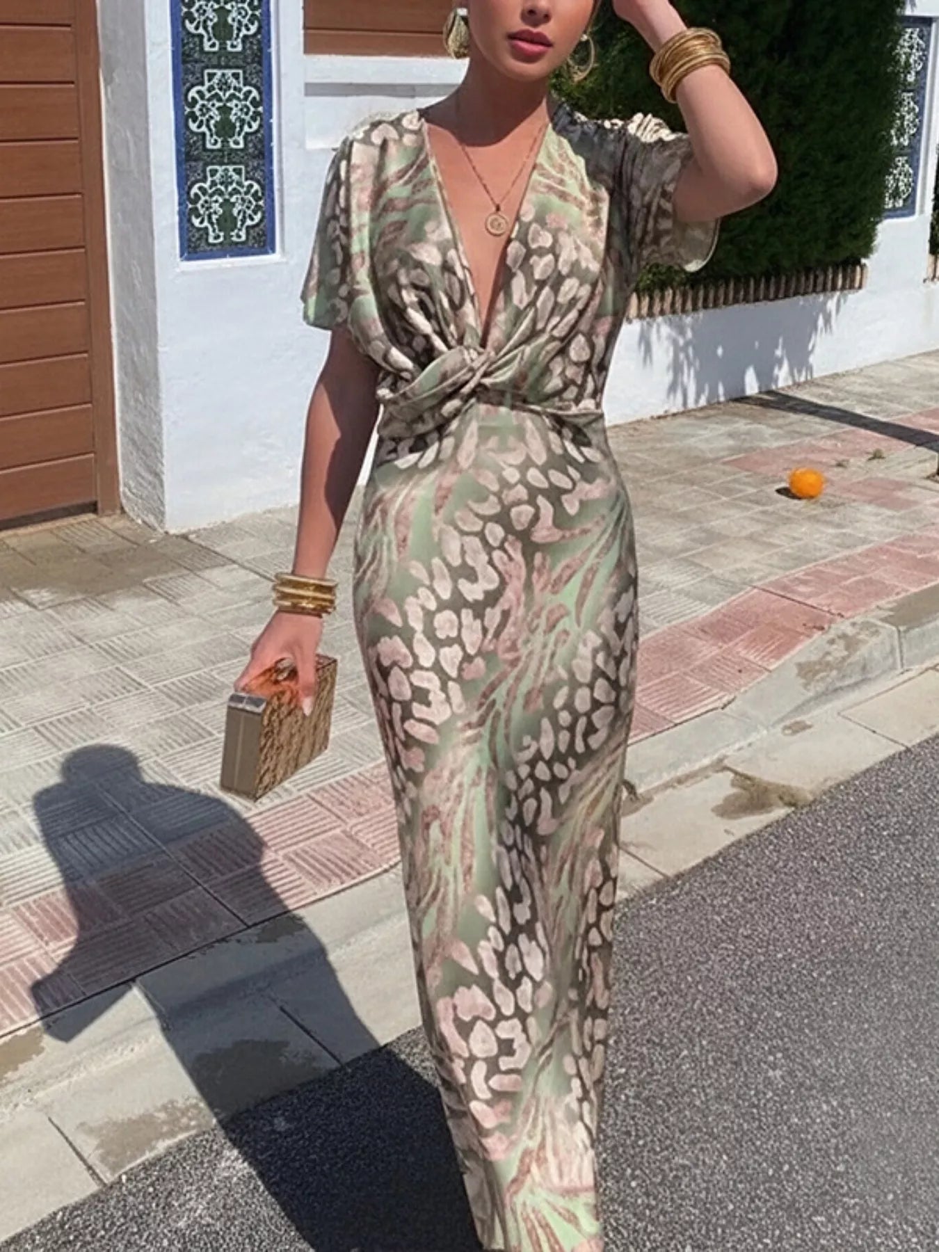 Full Size Twist-Front Animal Print Maxi Dress Plus Size
