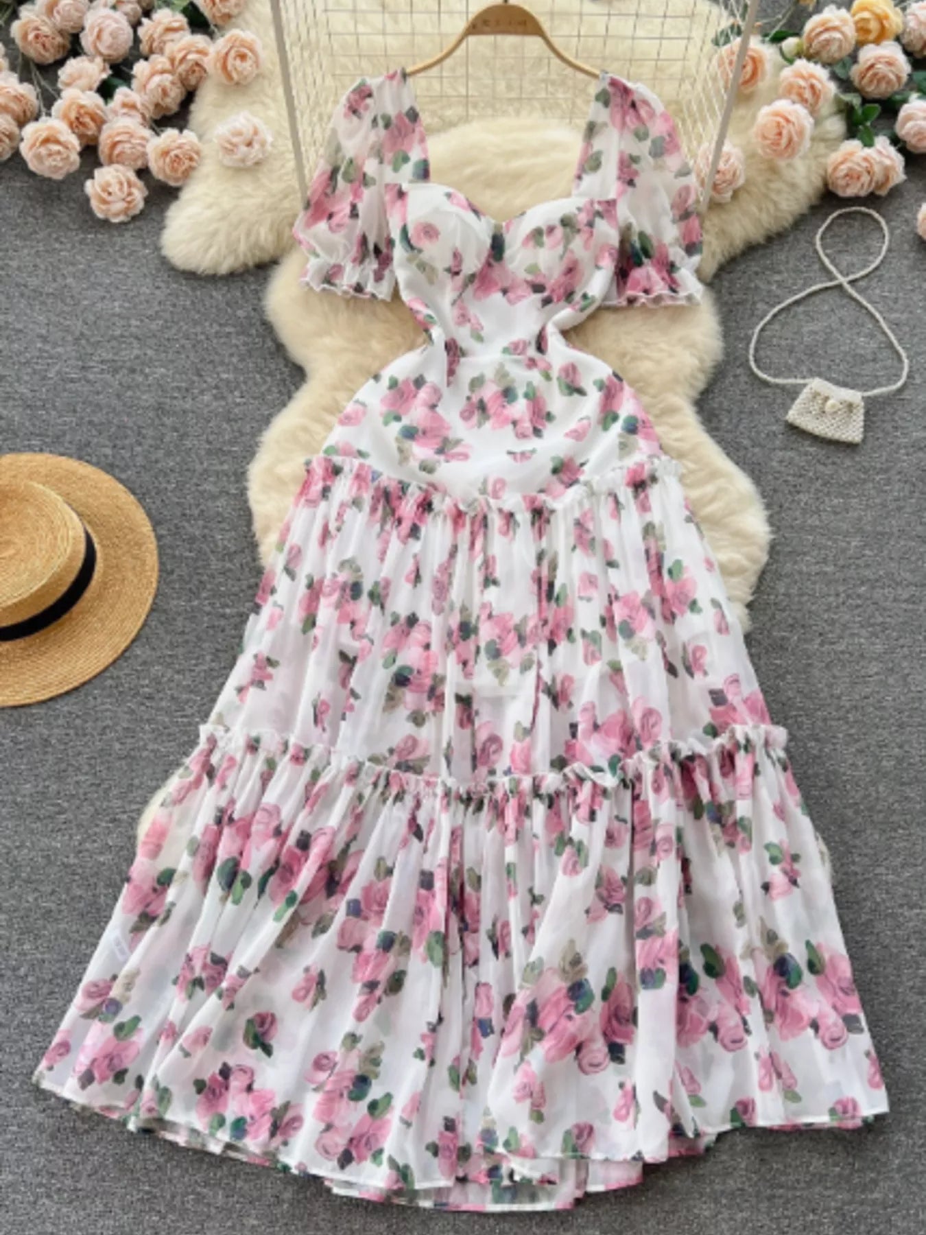 Floral Print Ruffle Hem Midi Dress