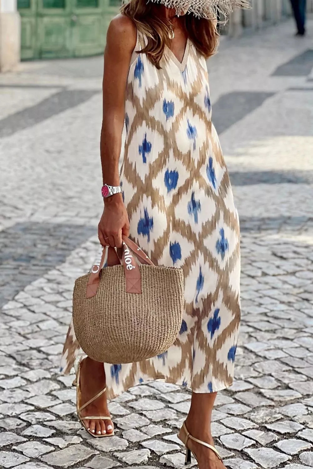 Abstract Print V Neck Sleeveless Midi Dress
