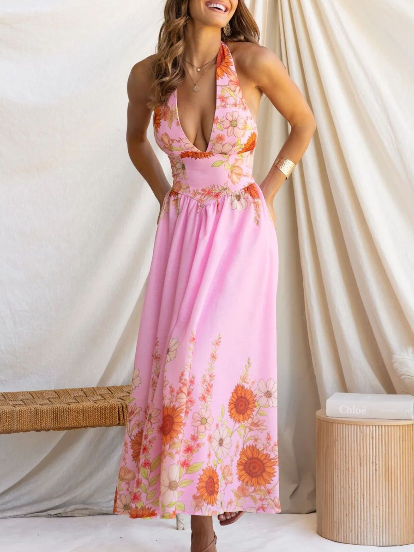 Floral Print Halter Neck Maxi Dress