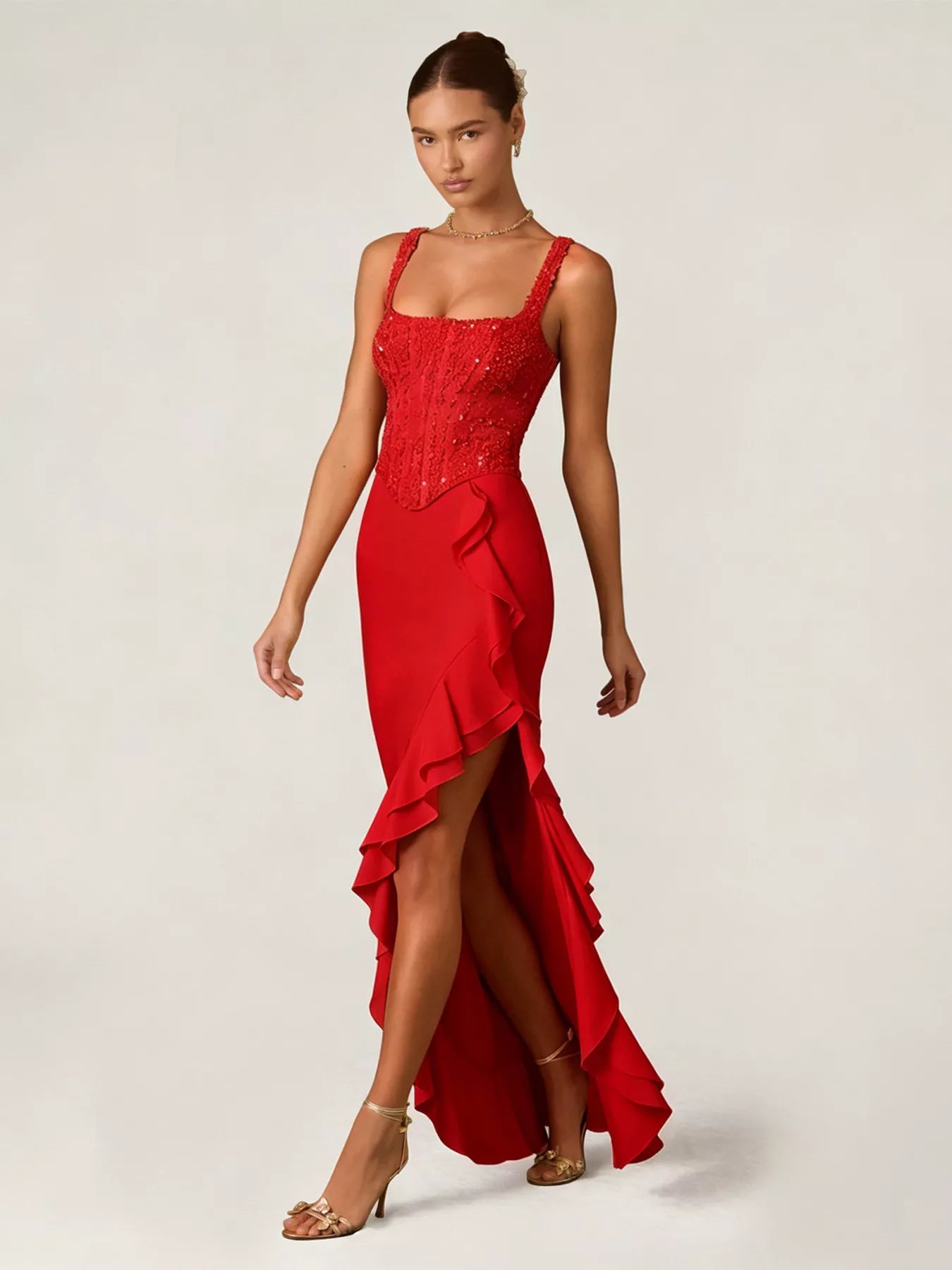 Sequin Ruffle Hem Maxi Dress