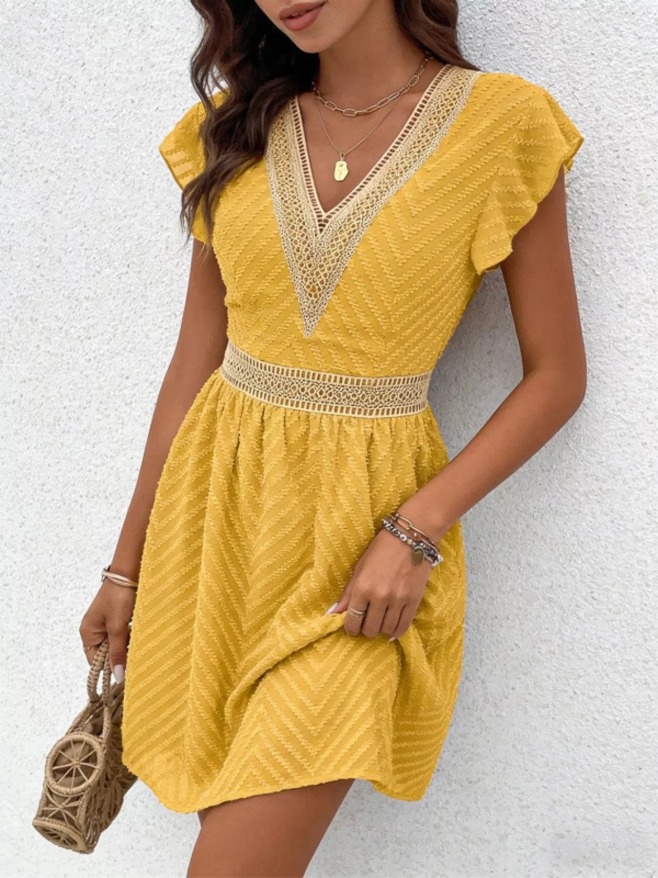 V-Neck Ruffle Sleeve Mini Dress
