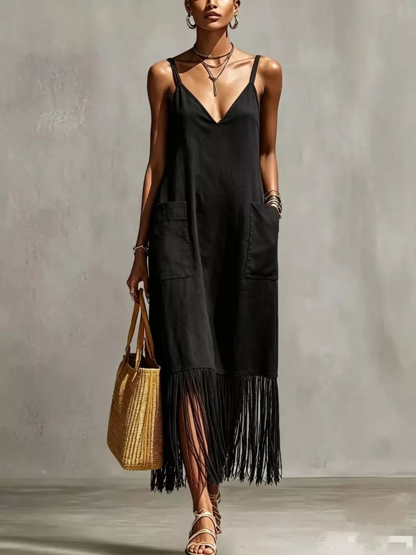 Full Size Fringe V-Neck Spaghetti Strap Dress Plus Size