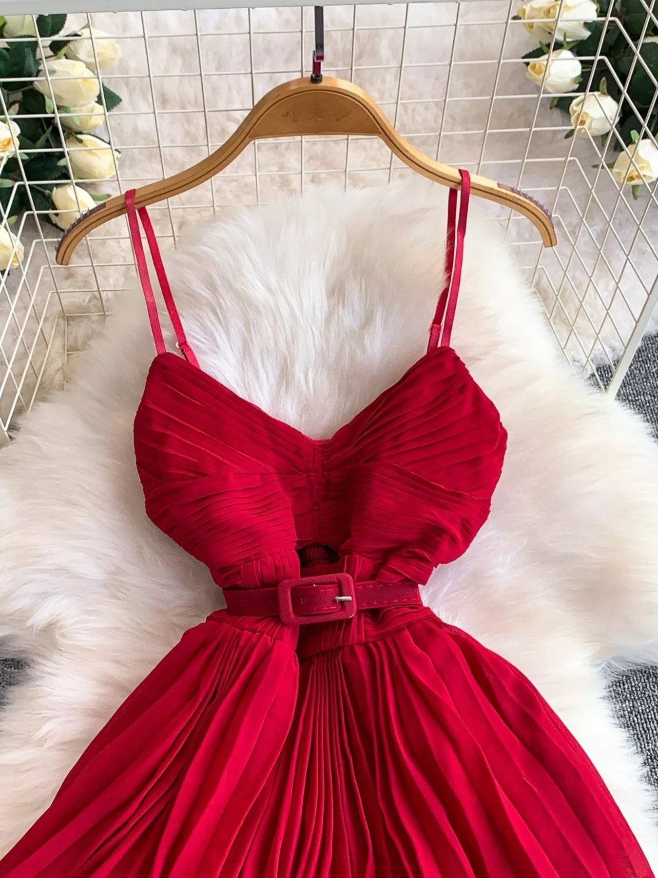 Pleated Layered Spaghetti Strap Midi Dress