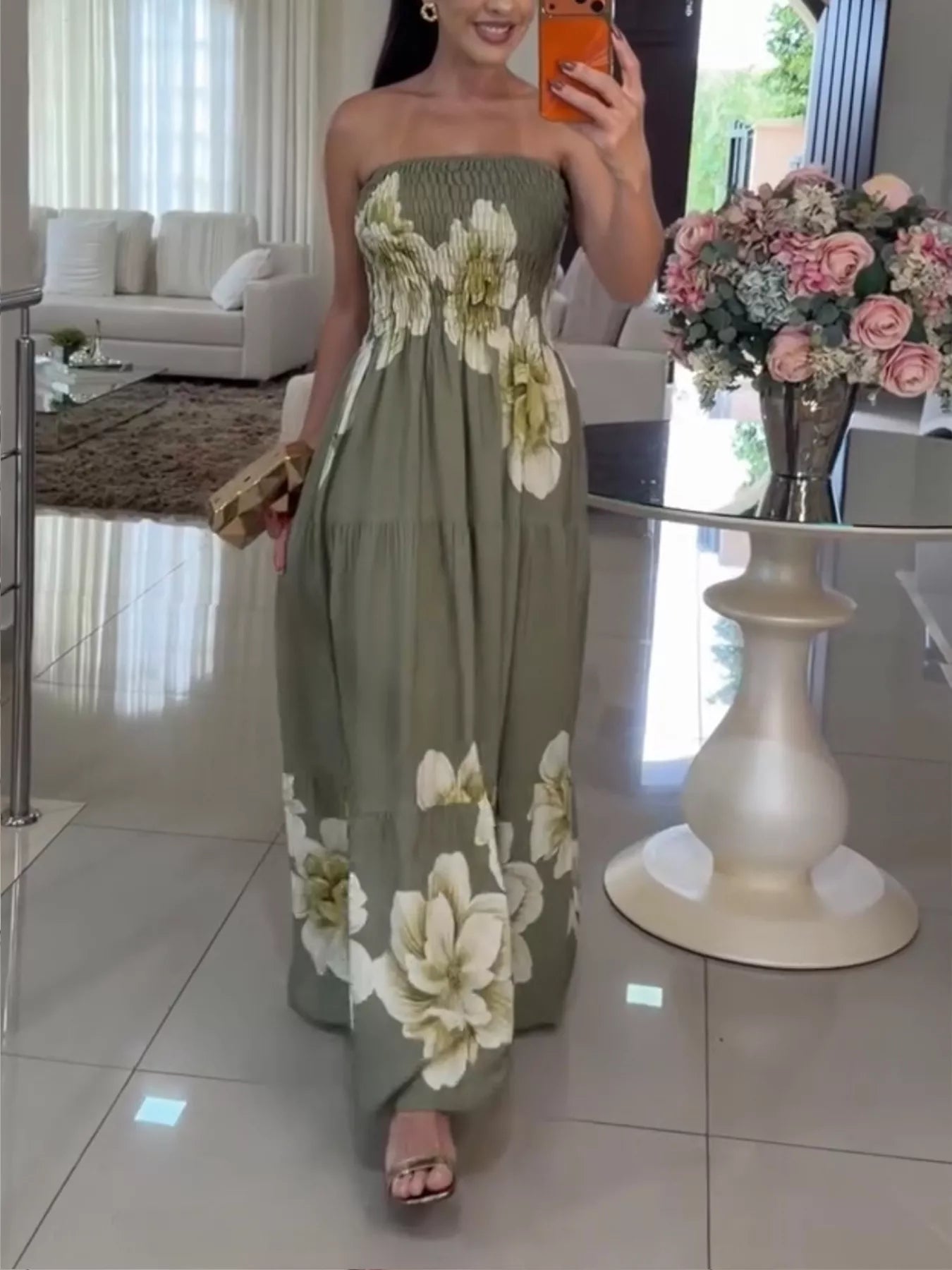 Floral Smocked Strapless Maxi Dress