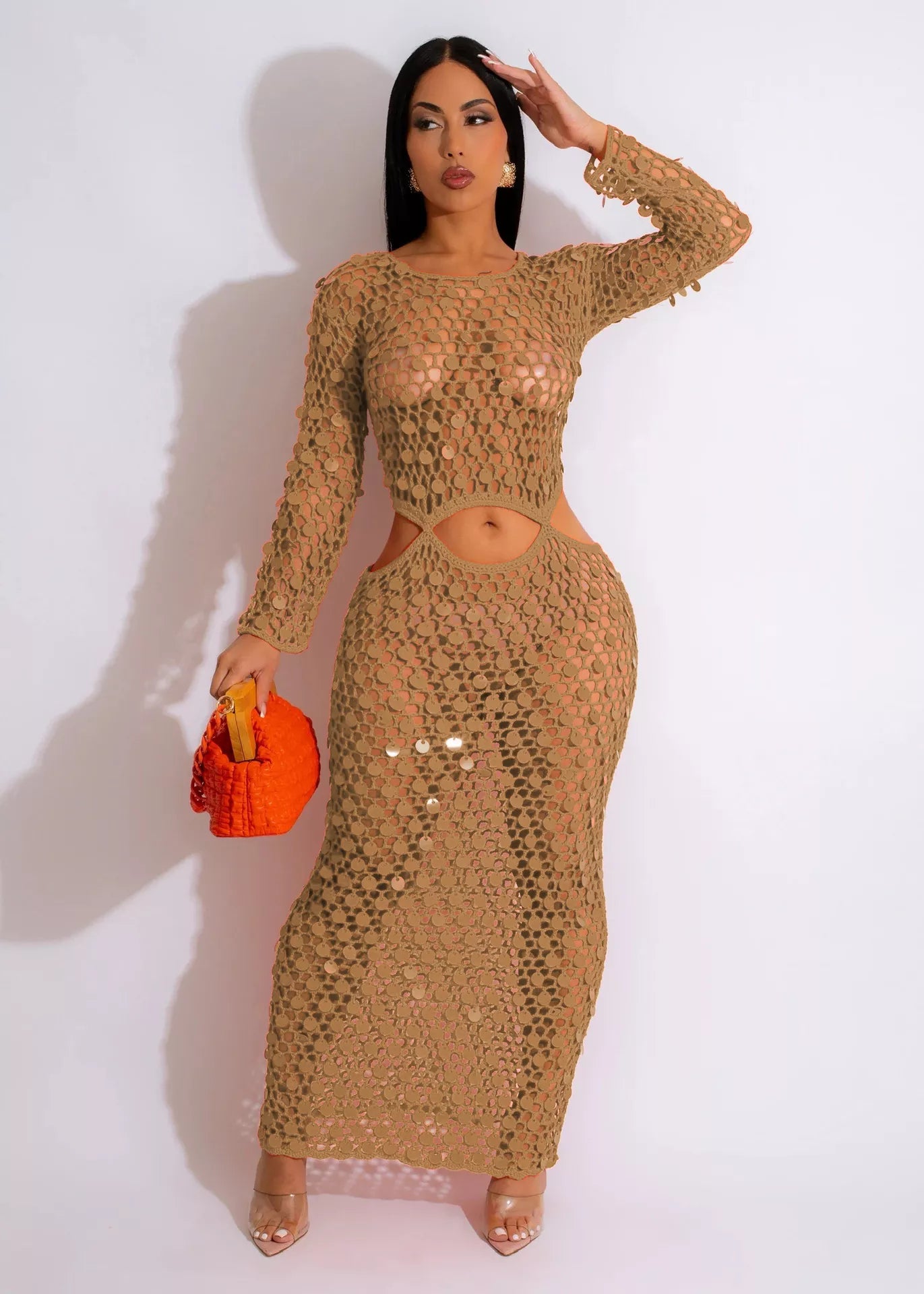 Sequin Mesh Cutout Maxi Dress