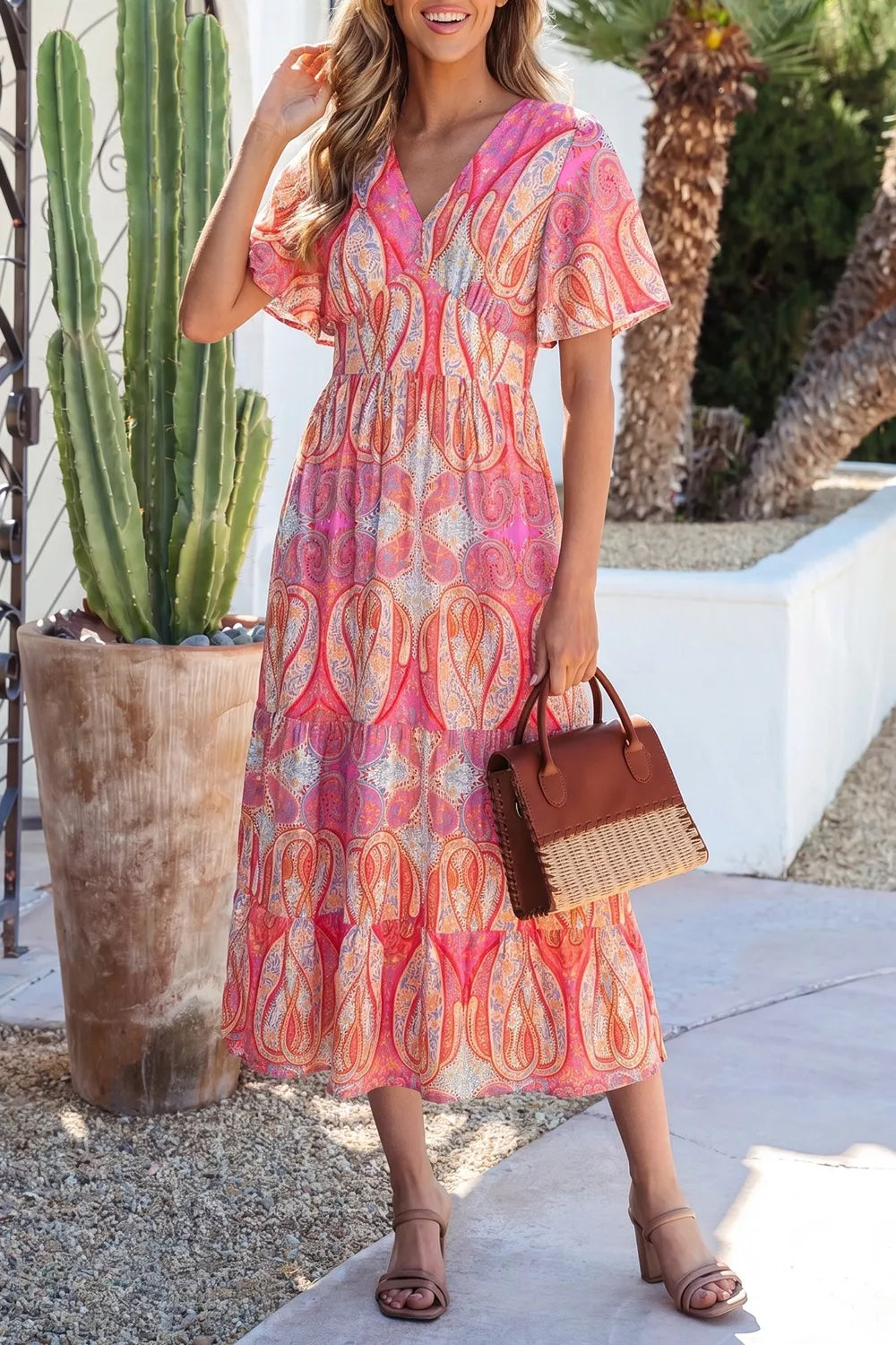 Paisley Print V-Neck Short Sleeve Boho Dress with Ruffle Details