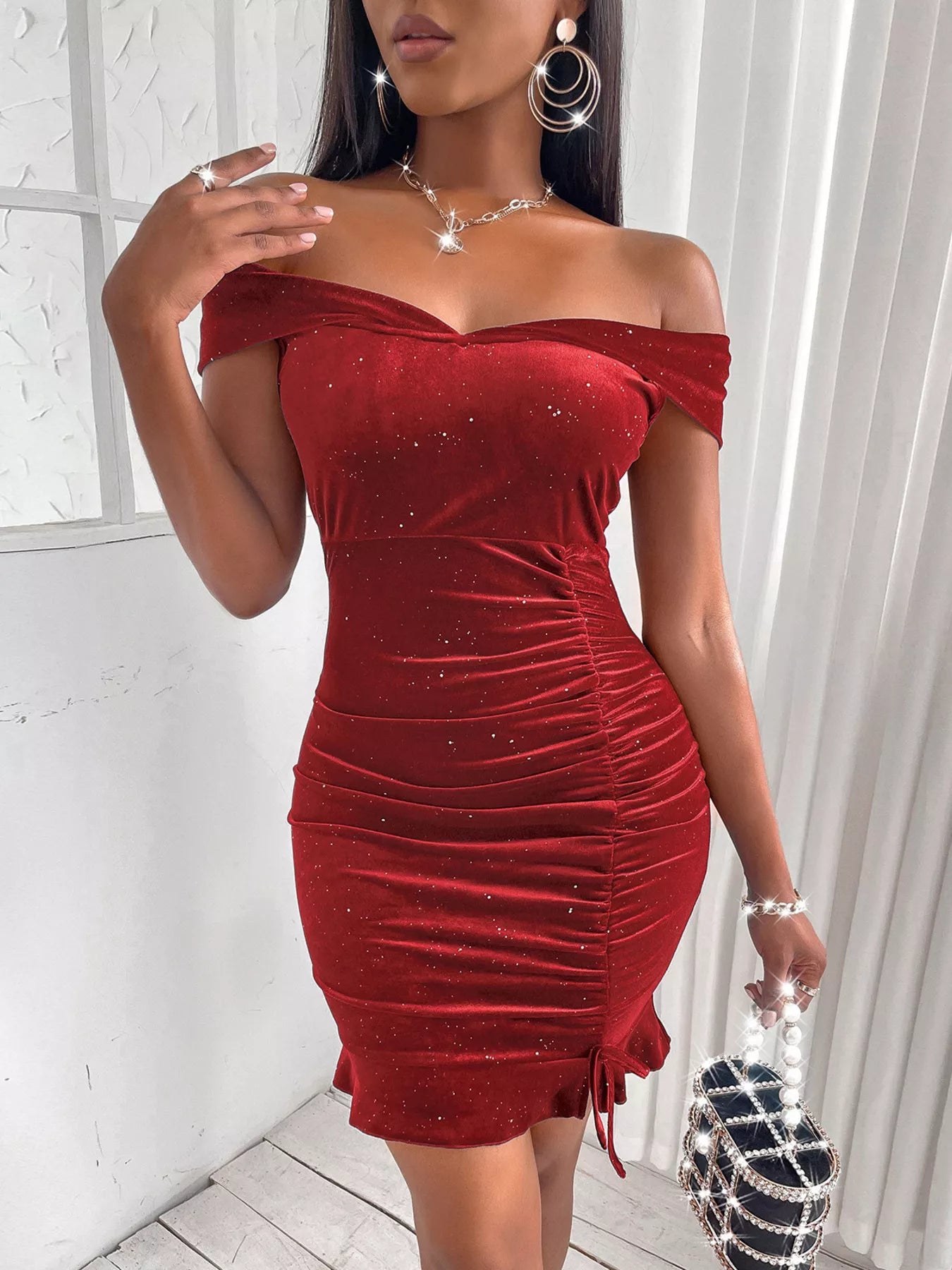 Sparkly Velvet Off-Shoulder Ruched Bodycon Dress
