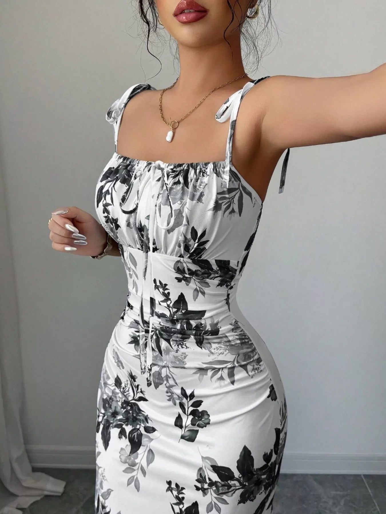 Printed Tie Strap Slit Maxi Dress